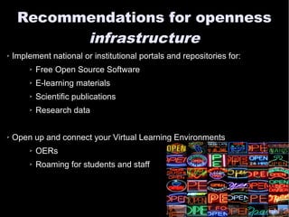 OER Barriers?
➢ Barriers for usage
➢ Lack of awareness
➢ Bandwith in developing countries
➢ Not enough OER yet
➢ Bandwith
➢ Hard to localize
➢ Barriers for production
➢ Teachers attitude
➢ Skills
➢ Copyright
➢ Limitations of LMS? (licenses, access control)
➢ Funding
➢ Institutional policy
 