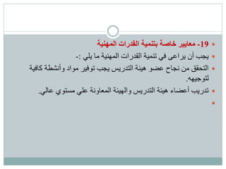 19-‫المهنية‬ ‫القدرات‬ ‫بتنمية‬ ‫خاصة‬ ‫معايير‬
‫يلي‬ ‫ما‬ ‫المهنية‬ ‫القدرات‬ ‫تنمية‬ ‫في‬ ‫يراعى‬ ‫أن‬ ‫يجب‬:-
‫كاف‬ ‫وأنشطة‬ ‫مواد‬ ‫توفير‬ ‫يجب‬ ‫التدريس‬ ‫هيئة‬ ‫عضو‬ ‫نجاح‬ ‫من‬ ‫التحقق‬‫ية‬
‫لتوجيهه‬.
‫عالي‬ ‫مستوي‬ ‫علي‬ ‫المعاونة‬ ‫والهيئة‬ ‫التدريس‬ ‫هيئة‬ ‫أعضاء‬ ‫تدريب‬.

 