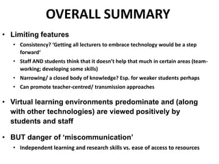 OVERALL SUMMARY
• Limiting features
• Consistency? ‘Getting all lecturers to embrace technology would be a step
forward‘
•...