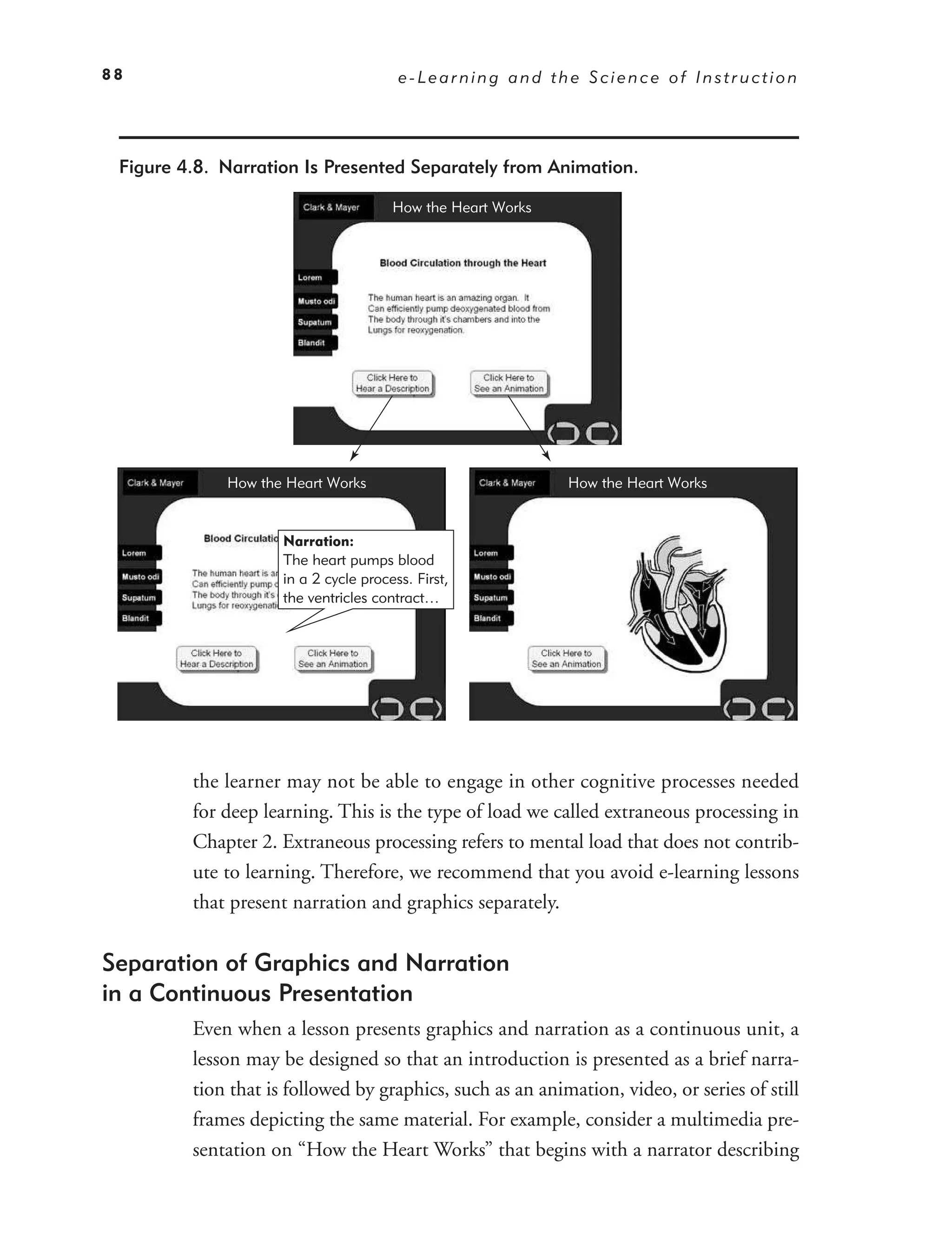 88                                      e-Learning and the Science of Instruction




 Figure 4.8. Narration Is Presented Separately from Animation.

                                       How the Heart Works




             How the Heart Works                             How the Heart Works


                     Narration:
                     The heart pumps blood
                     in a 2 cycle process. First,
                     the ventricles contract…




         the learner may not be able to engage in other cognitive processes needed
         for deep learning. This is the type of load we called extraneous processing in
         Chapter 2. Extraneous processing refers to mental load that does not contrib-
         ute to learning. Therefore, we recommend that you avoid e-learning lessons
         that present narration and graphics separately.


Separation of Graphics and Narration
in a Continuous Presentation
         Even when a lesson presents graphics and narration as a continuous unit, a
         lesson may be designed so that an introduction is presented as a brief narra-
         tion that is followed by graphics, such as an animation, video, or series of still
         frames depicting the same material. For example, consider a multimedia pre-
         sentation on “How the Heart Works” that begins with a narrator describing
 