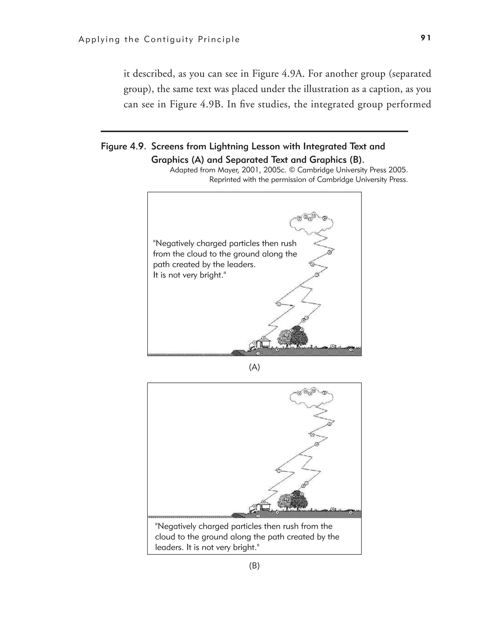 A p p l y i n g t h e C o n t i g u i t y Pr i n c i p l e                                                91



                it described, as you can see in Figure 4.9A. For another group (separated
                group), the same text was placed under the illustration as a caption, as you
                can see in Figure 4.9B. In ﬁve studies, the integrated group performed


       Figure 4.9. Screens from Lightning Lesson with Integrated Text and
                   Graphics (A) and Separated Text and Graphics (B).
                                Adapted from Mayer, 2001, 2005c. © Cambridge University Press 2005.
                                           Reprinted with the permission of Cambridge University Press.




                          "Negatively charged particles then rush
                          from the cloud to the ground along the
                          path created by the leaders.
                          It is not very bright."




                                                             (A)




                           "Negatively charged particles then rush from the
                           cloud to the ground along the path created by the
                           leaders. It is not very bright."

                                                             (B)
 