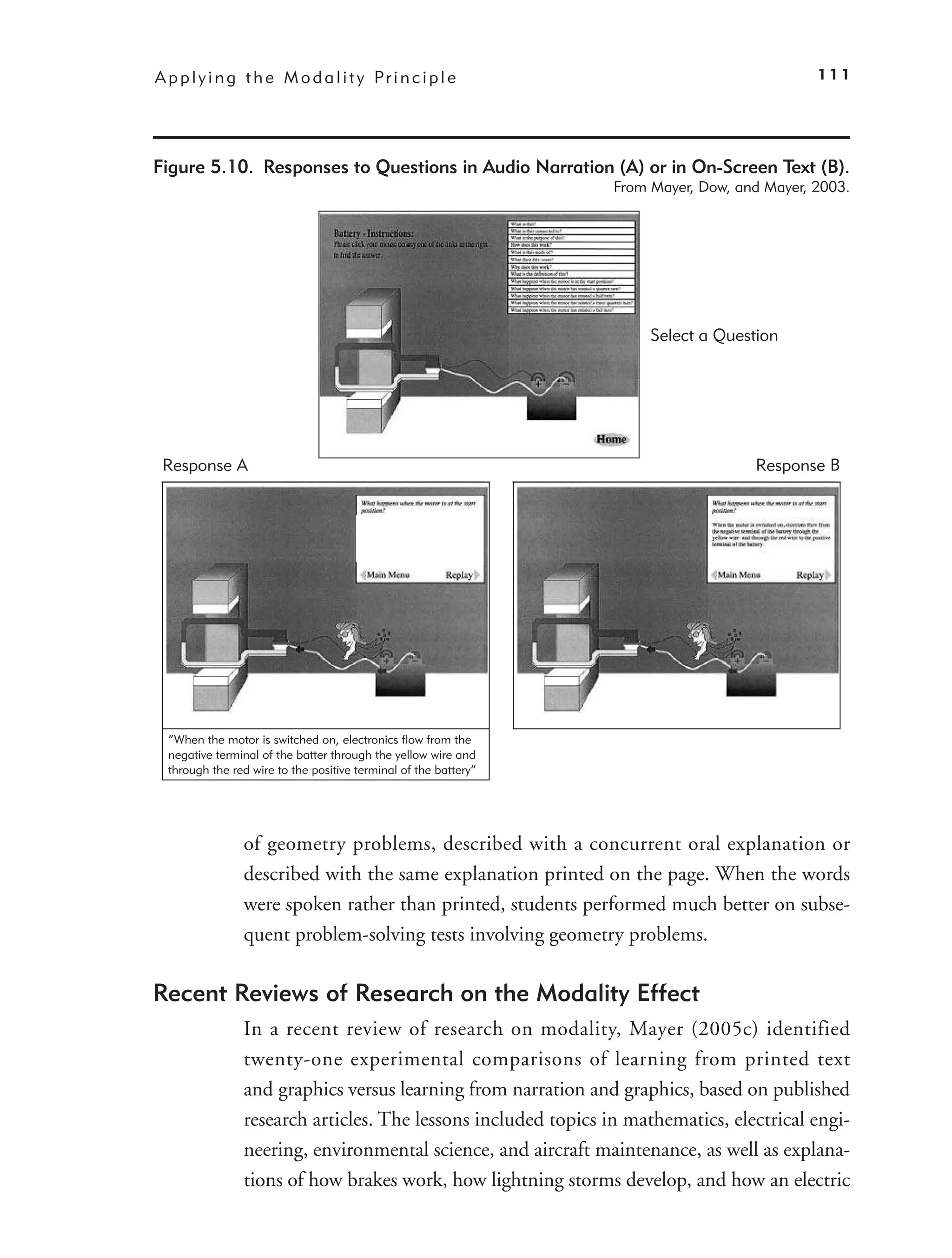 A p p l y i n g t h e M o d a l i t y Pr i n c i p l e                                        111




Figure 5.10. Responses to Questions in Audio Narration (A) or in On-Screen Text (B).
                                                                  From Mayer, Dow, and Mayer, 2003.




                                                                       Select a Question




 Response A                                                                          Response B




  “When the motor is switched on, electronics flow from the
  negative terminal of the batter through the yellow wire and
  through the red wire to the positive terminal of the battery”




                of geometry problems, described with a concurrent oral explanation or
                described with the same explanation printed on the page. When the words
                were spoken rather than printed, students performed much better on subse-
                quent problem-solving tests involving geometry problems.

Recent Reviews of Research on the Modality Effect
                In a recent review of research on modality, Mayer ( 2005c) identified
                twenty-one experimental comparisons of learning from printed text
                and graphics versus learning from narration and graphics, based on published
                research articles. The lessons included topics in mathematics, electrical engi-
                neering, environmental science, and aircraft maintenance, as well as explana-
                tions of how brakes work, how lightning storms develop, and how an electric
 