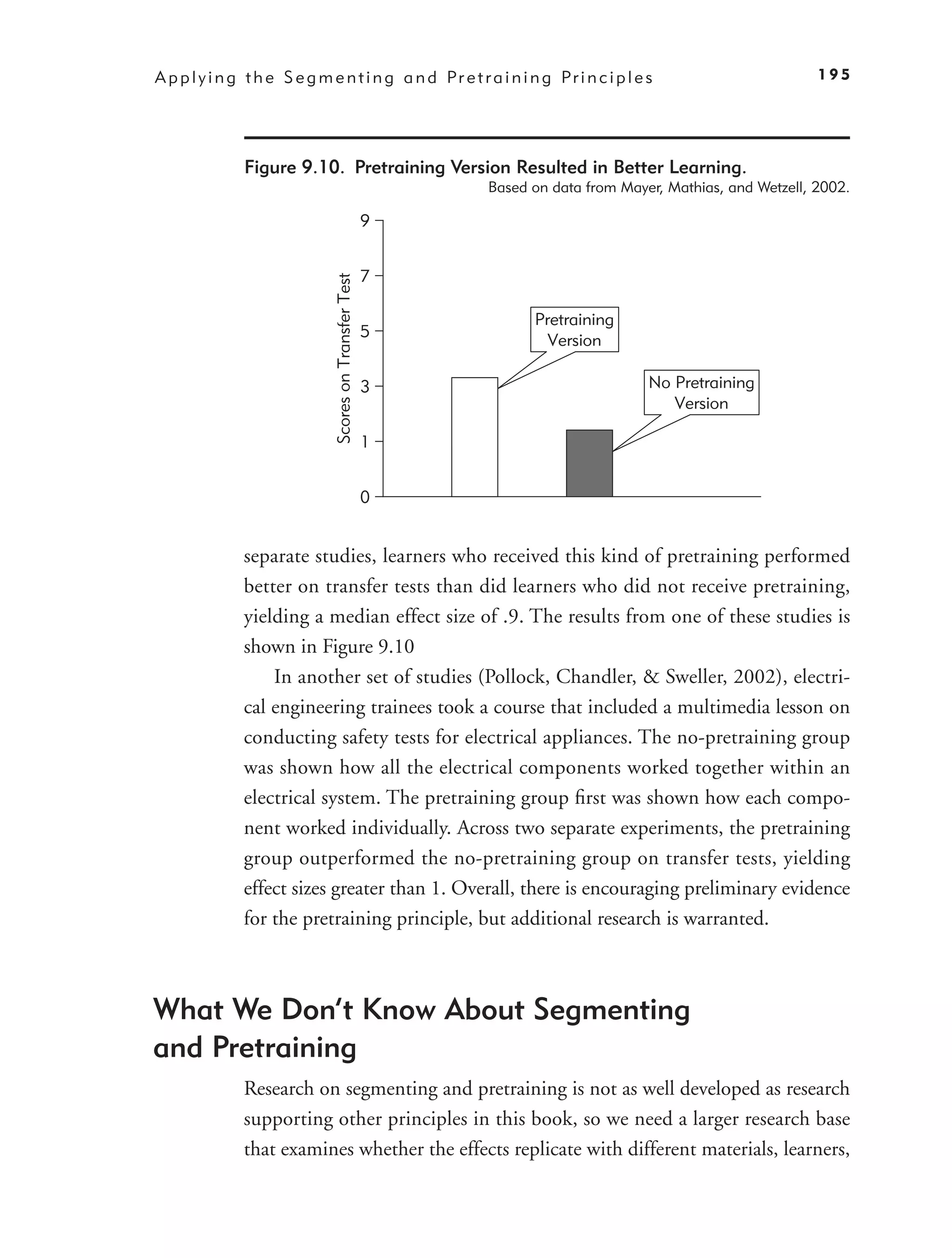 A p p l y i n g t h e S e g m e n t i n g a n d Pr e t r a i n i n g Pr i n c i p l e s                      195




               Figure 9.10. Pretraining Version Resulted in Better Learning.
                                                             Based on data from Mayer, Mathias, and Wetzell, 2002.

                                                         9


                                                         7


                               Scores on Transfer Test
                                                                   Pretraining
                                                         5
                                                                     Version

                                                         3                            No Pretraining
                                                                                         Version

                                                         1


                                                         0


               separate studies, learners who received this kind of pretraining performed
               better on transfer tests than did learners who did not receive pretraining,
               yielding a median effect size of .9. The results from one of these studies is
               shown in Figure 9.10
                   In another set of studies (Pollock, Chandler, & Sweller, 2002), electri-
               cal engineering trainees took a course that included a multimedia lesson on
               conducting safety tests for electrical appliances. The no-pretraining group
               was shown how all the electrical components worked together within an
               electrical system. The pretraining group ﬁrst was shown how each compo-
               nent worked individually. Across two separate experiments, the pretraining
               group outperformed the no-pretraining group on transfer tests, yielding
               effect sizes greater than 1. Overall, there is encouraging preliminary evidence
               for the pretraining principle, but additional research is warranted.



What We Don’t Know About Segmenting
and Pretraining
               Research on segmenting and pretraining is not as well developed as research
               supporting other principles in this book, so we need a larger research base
               that examines whether the effects replicate with different materials, learners,
 