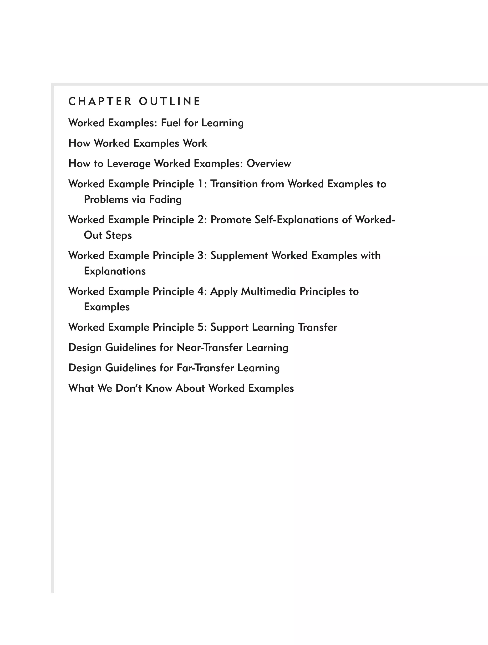 CHAPTER OUTLINE
Worked Examples: Fuel for Learning
How Worked Examples Work
How to Leverage Worked Examples: Overview
Worked Example Principle 1: Transition from Worked Examples to
  Problems via Fading
Worked Example Principle 2: Promote Self-Explanations of Worked-
  Out Steps
Worked Example Principle 3: Supplement Worked Examples with
  Explanations
Worked Example Principle 4: Apply Multimedia Principles to
  Examples
Worked Example Principle 5: Support Learning Transfer
Design Guidelines for Near-Transfer Learning
Design Guidelines for Far-Transfer Learning
What We Don’t Know About Worked Examples
 