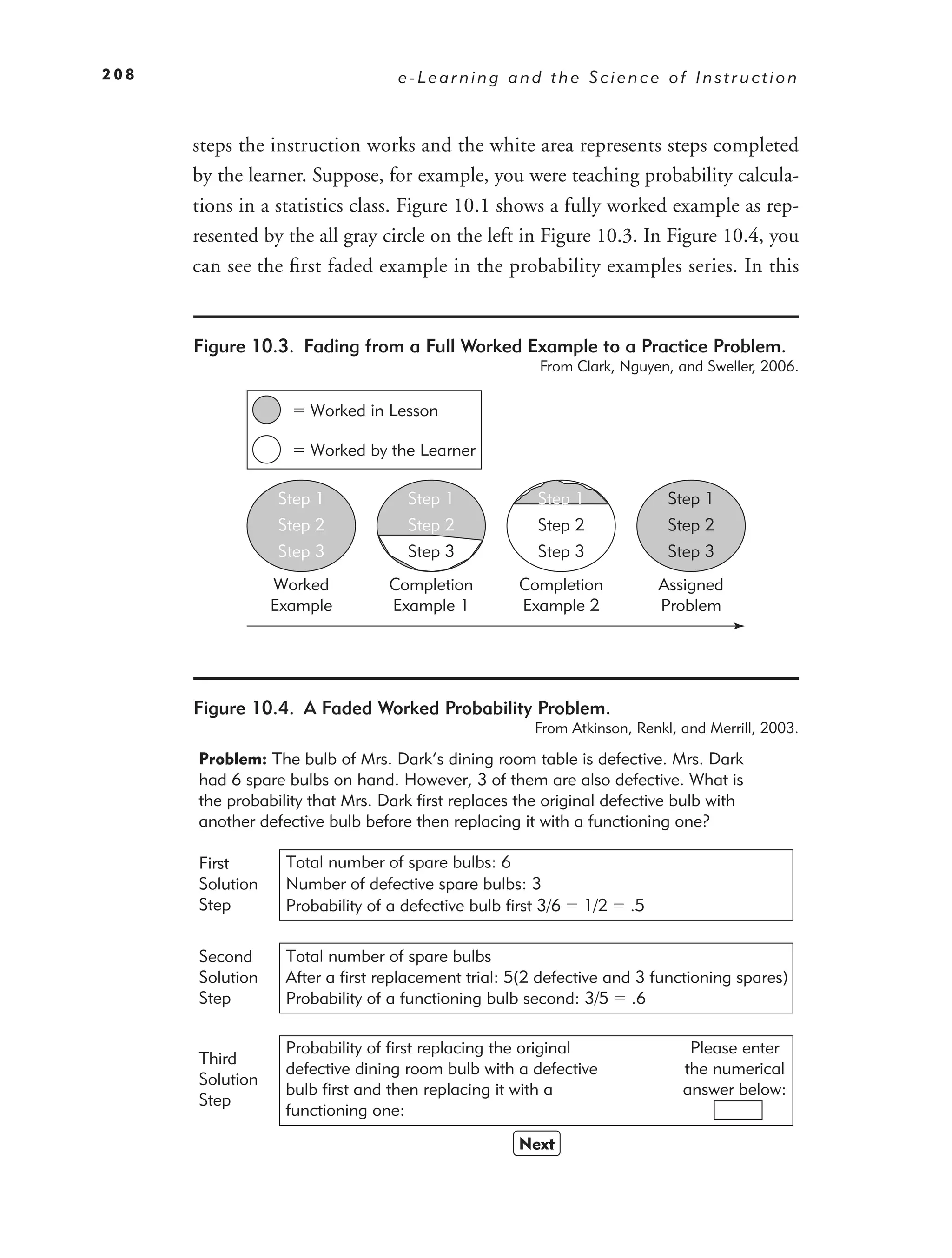 208                               e-Learning and the Science of Instruction



      steps the instruction works and the white area represents steps completed
      by the learner. Suppose, for example, you were teaching probability calcula-
      tions in a statistics class. Figure 10.1 shows a fully worked example as rep-
      resented by the all gray circle on the left in Figure 10.3. In Figure 10.4, you
      can see the ﬁrst faded example in the probability examples series. In this


      Figure 10.3. Fading from a Full Worked Example to a Practice Problem.
                                                       From Clark, Nguyen, and Sweller, 2006.

                     Worked in Lesson

                     Worked by the Learner

                 Step 1             Step 1             Step 1              Step 1
                 Step 2             Step 2             Step 2              Step 2
                 Step 3             Step 3             Step 3              Step 3
                 Worked          Completion         Completion            Assigned
                 Example         Example 1          Example 2             Problem




      Figure 10.4. A Faded Worked Probability Problem.
                                                       From Atkinson, Renkl, and Merrill, 2003.

      Problem: The bulb of Mrs. Dark’s dining room table is defective. Mrs. Dark
      had 6 spare bulbs on hand. However, 3 of them are also defective. What is
      the probability that Mrs. Dark first replaces the original defective bulb with
      another defective bulb before then replacing it with a functioning one?

      First       Total number of spare bulbs: 6
      Solution    Number of defective spare bulbs: 3
      Step        Probability of a defective bulb first 3/6   1/2    .5

      Second      Total number of spare bulbs
      Solution    After a first replacement trial: 5(2 defective and 3 functioning spares)
      Step        Probability of a functioning bulb second: 3/5 .6

                  Probability of first replacing the original                 Please enter
      Third
                  defective dining room bulb with a defective                the numerical
      Solution
                  bulb first and then replacing it with a                    answer below:
      Step
                  functioning one:
                                                    Next
 