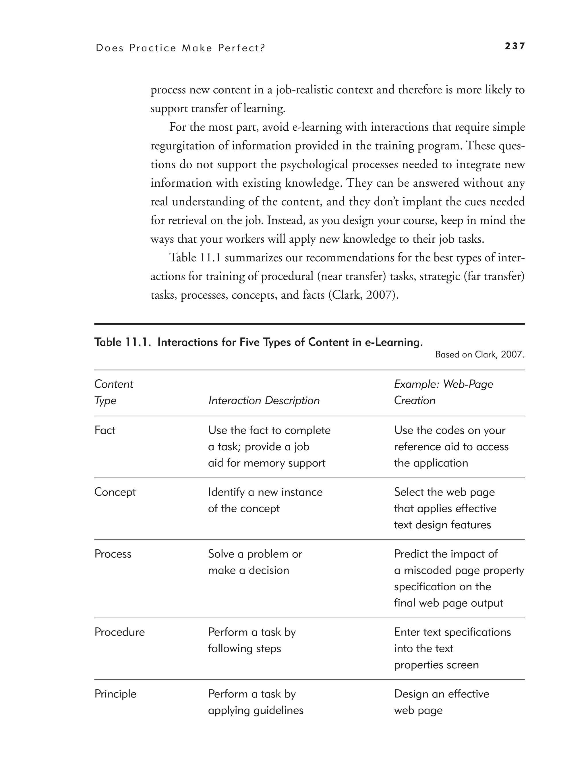 D o e s P r a c t i c e M a k e Pe r f e c t ?                                              237



              process new content in a job-realistic context and therefore is more likely to
              support transfer of learning.
                  For the most part, avoid e-learning with interactions that require simple
              regurgitation of information provided in the training program. These ques-
              tions do not support the psychological processes needed to integrate new
              information with existing knowledge. They can be answered without any
              real understanding of the content, and they don’t implant the cues needed
              for retrieval on the job. Instead, as you design your course, keep in mind the
              ways that your workers will apply new knowledge to their job tasks.
                  Table 11.1 summarizes our recommendations for the best types of inter-
              actions for training of procedural (near transfer) tasks, strategic (far transfer)
              tasks, processes, concepts, and facts (Clark, 2007).


Table 11.1. Interactions for Five Types of Content in e-Learning.
                                                                            Based on Clark, 2007.


Content                                                            Example: Web-Page
Type                          Interaction Description              Creation

Fact                          Use the fact to complete             Use the codes on your
                              a task; provide a job                reference aid to access
                              aid for memory support               the application

Concept                       Identify a new instance              Select the web page
                              of the concept                       that applies effective
                                                                   text design features

Process                       Solve a problem or                   Predict the impact of
                              make a decision                      a miscoded page property
                                                                   speciﬁcation on the
                                                                   ﬁnal web page output

Procedure                     Perform a task by                    Enter text speciﬁcations
                              following steps                      into the text
                                                                   properties screen

Principle                     Perform a task by                    Design an effective
                              applying guidelines                  web page
 