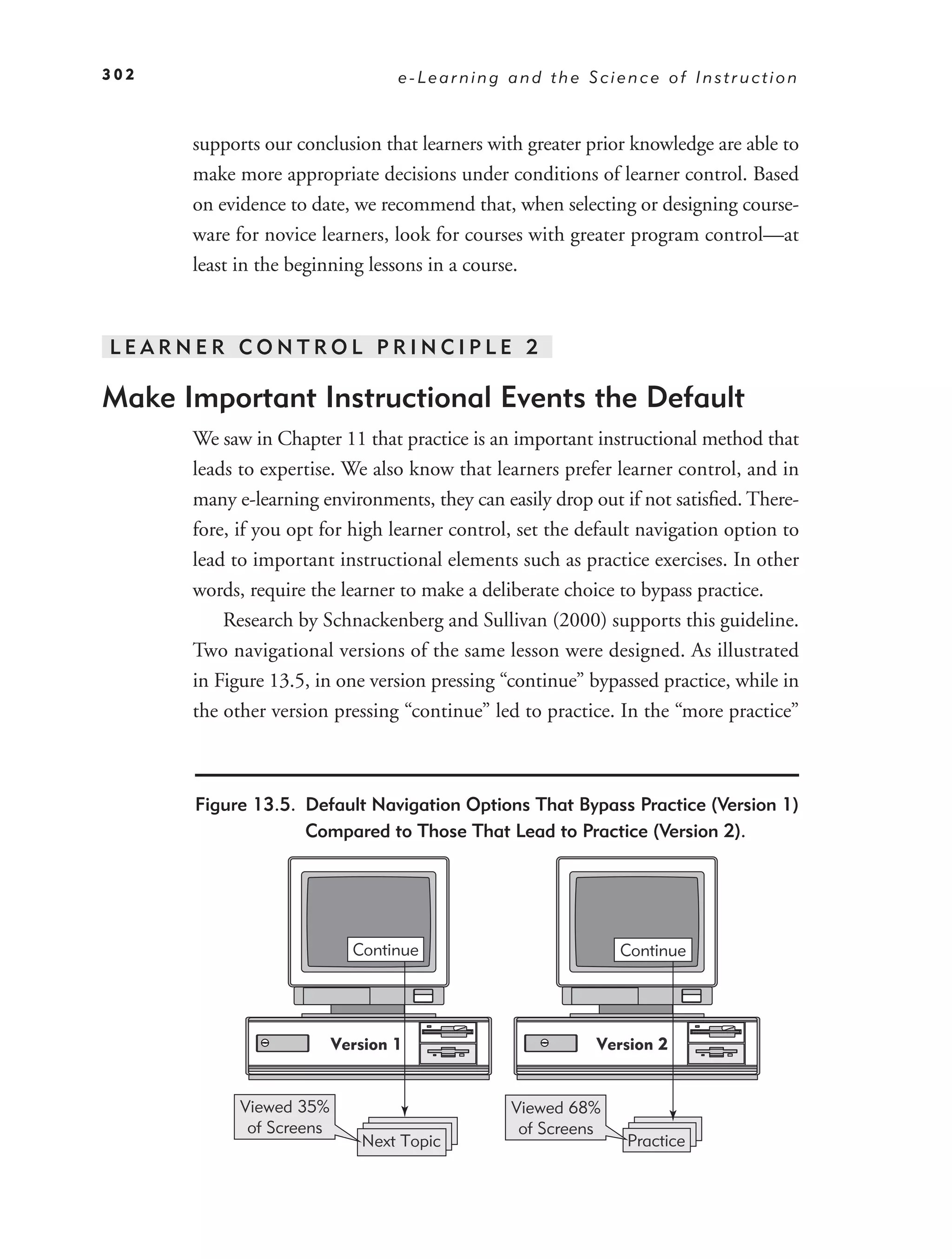 302                               e-Learning and the Science of Instruction


      supports our conclusion that learners with greater prior knowledge are able to
      make more appropriate decisions under conditions of learner control. Based
      on evidence to date, we recommend that, when selecting or designing course-
      ware for novice learners, look for courses with greater program control—at
      least in the beginning lessons in a course.



LEARNER CONTROL PRINCIPLE 2

Make Important Instructional Events the Default
      We saw in Chapter 11 that practice is an important instructional method that
      leads to expertise. We also know that learners prefer learner control, and in
      many e-learning environments, they can easily drop out if not satisﬁed. There-
      fore, if you opt for high learner control, set the default navigation option to
      lead to important instructional elements such as practice exercises. In other
      words, require the learner to make a deliberate choice to bypass practice.
          Research by Schnackenberg and Sullivan (2000) supports this guideline.
      Two navigational versions of the same lesson were designed. As illustrated
      in Figure 13.5, in one version pressing “continue” bypassed practice, while in
      the other version pressing “continue” led to practice. In the “more practice”



      Figure 13.5. Default Navigation Options That Bypass Practice (Version 1)
                   Compared to Those That Lead to Practice (Version 2).




                            Continue                         Continue




                          Version 1                       Version 2


            Viewed 35%                         Viewed 68%
             of Screens                         of Screens
                             Next Topic                       Practice
 