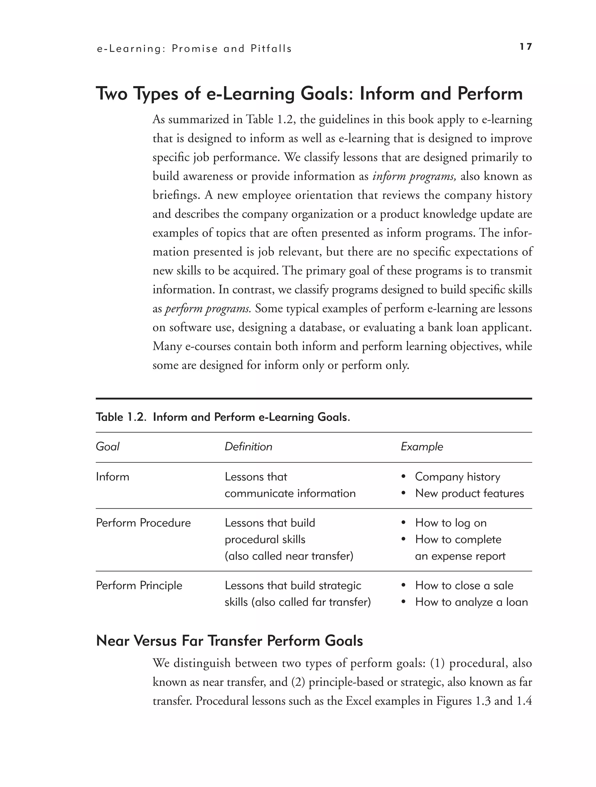 e - L e a r n i n g : Pr o m i s e a n d Pi t f a l l s                                       17




Two Types of e-Learning Goals: Inform and Perform
               As summarized in Table 1.2, the guidelines in this book apply to e-learning
               that is designed to inform as well as e-learning that is designed to improve
               speciﬁc job performance. We classify lessons that are designed primarily to
               build awareness or provide information as inform programs, also known as
               brieﬁngs. A new employee orientation that reviews the company history
               and describes the company organization or a product knowledge update are
               examples of topics that are often presented as inform programs. The infor-
               mation presented is job relevant, but there are no speciﬁc expectations of
               new skills to be acquired. The primary goal of these programs is to transmit
               information. In contrast, we classify programs designed to build speciﬁc skills
               as perform programs. Some typical examples of perform e-learning are lessons
               on software use, designing a database, or evaluating a bank loan applicant.
               Many e-courses contain both inform and perform learning objectives, while
               some are designed for inform only or perform only.


Table 1.2. Inform and Perform e-Learning Goals.

Goal                                Deﬁnition                           Example

Inform                              Lessons that                        • Company history
                                    communicate information             • New product features

Perform Procedure                   Lessons that build                  • How to log on
                                    procedural skills                   • How to complete
                                    (also called near transfer)           an expense report

Perform Principle                   Lessons that build strategic        • How to close a sale
                                    skills (also called far transfer)   • How to analyze a loan


Near Versus Far Transfer Perform Goals
               We distinguish between two types of perform goals: (1) procedural, also
               known as near transfer, and (2) principle-based or strategic, also known as far
               transfer. Procedural lessons such as the Excel examples in Figures 1.3 and 1.4
 