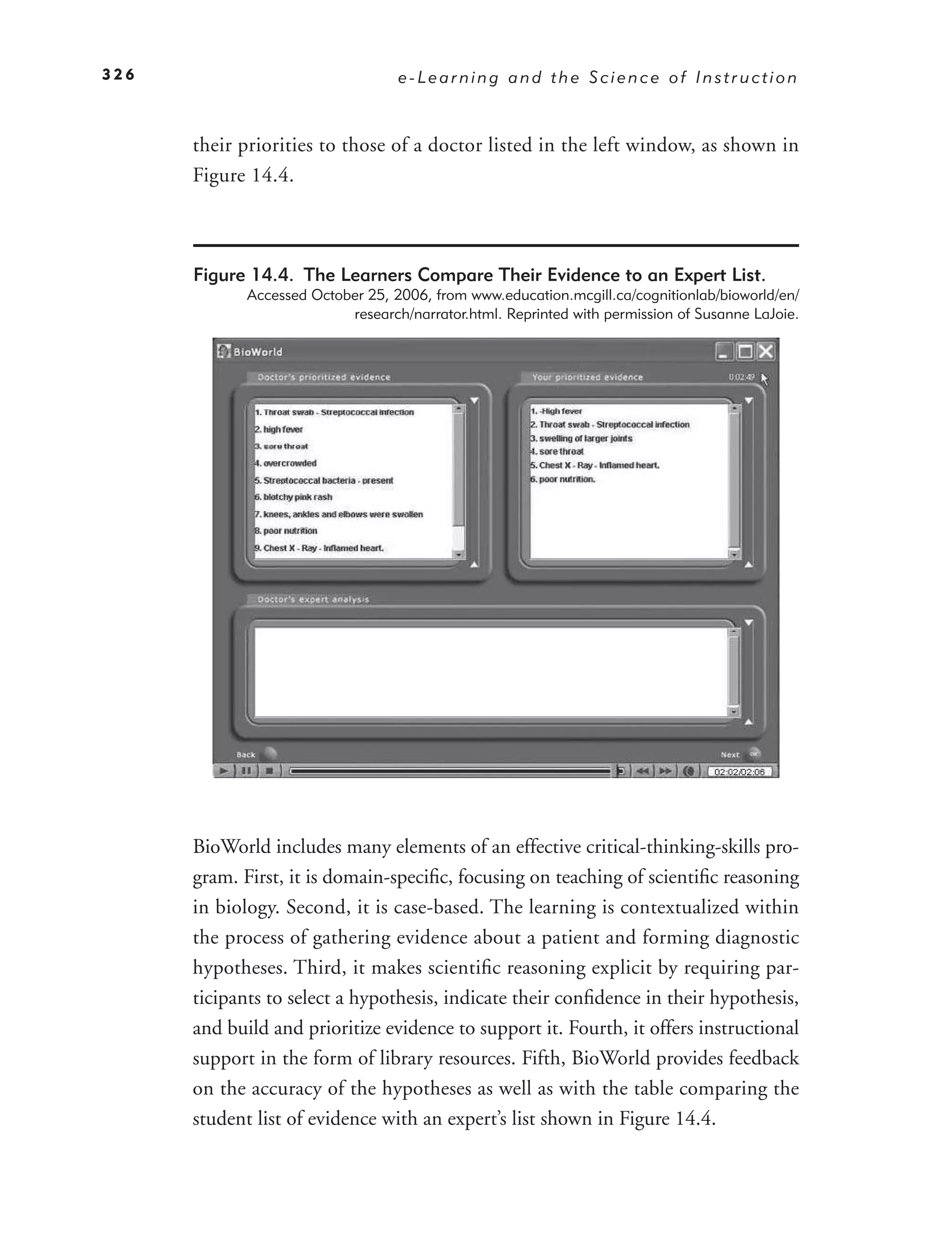 326                                e-Learning and the Science of Instruction



      their priorities to those of a doctor listed in the left window, as shown in
      Figure 14.4.



      Figure 14.4. The Learners Compare Their Evidence to an Expert List.
             Accessed October 25, 2006, from www.education.mcgill.ca/cognitionlab/bioworld/en/
                           research/narrator.html. Reprinted with permission of Susanne LaJoie.




      BioWorld includes many elements of an effective critical-thinking-skills pro-
      gram. First, it is domain-speciﬁc, focusing on teaching of scientiﬁc reasoning
      in biology. Second, it is case-based. The learning is contextualized within
      the process of gathering evidence about a patient and forming diagnostic
      hypotheses. Third, it makes scientiﬁc reasoning explicit by requiring par-
      ticipants to select a hypothesis, indicate their conﬁdence in their hypothesis,
      and build and prioritize evidence to support it. Fourth, it offers instructional
      support in the form of library resources. Fifth, BioWorld provides feedback
      on the accuracy of the hypotheses as well as with the table comparing the
      student list of evidence with an expert’s list shown in Figure 14.4.
 
