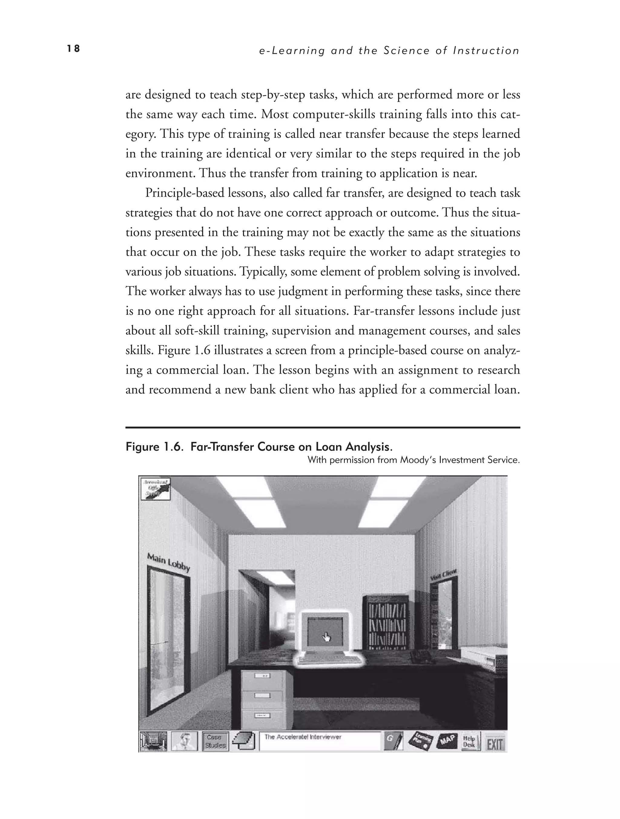 18                              e-Learning and the Science of Instruction



     are designed to teach step-by-step tasks, which are performed more or less
     the same way each time. Most computer-skills training falls into this cat-
     egory. This type of training is called near transfer because the steps learned
     in the training are identical or very similar to the steps required in the job
     environment. Thus the transfer from training to application is near.
          Principle-based lessons, also called far transfer, are designed to teach task
     strategies that do not have one correct approach or outcome. Thus the situa-
     tions presented in the training may not be exactly the same as the situations
     that occur on the job. These tasks require the worker to adapt strategies to
     various job situations. Typically, some element of problem solving is involved.
     The worker always has to use judgment in performing these tasks, since there
     is no one right approach for all situations. Far-transfer lessons include just
     about all soft-skill training, supervision and management courses, and sales
     skills. Figure 1.6 illustrates a screen from a principle-based course on analyz-
     ing a commercial loan. The lesson begins with an assignment to research
     and recommend a new bank client who has applied for a commercial loan.



     Figure 1.6. Far-Transfer Course on Loan Analysis.
                                          With permission from Moody’s Investment Service.
 