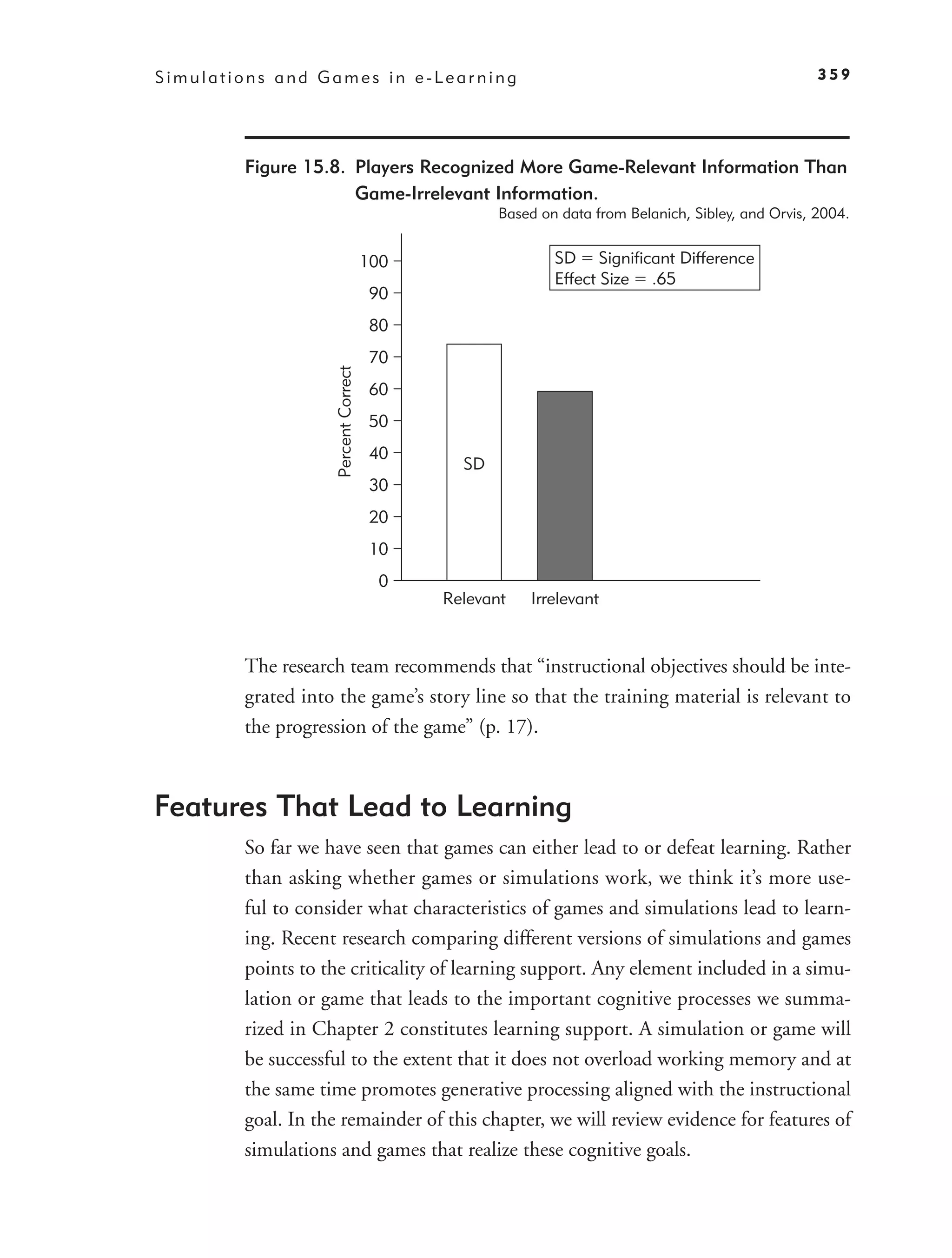 Simulations and Games in e-Learning                                                               359




        Figure 15.8. Players Recognized More Game-Relevant Information Than
                     Game-Irrelevant Information.
                                                  Based on data from Belanich, Sibley, and Orvis, 2004.


                                     100                  SD Significant Difference
                                                          Effect Size .65
                                     90
                                     80
                                     70
                   Percent Correct

                                     60
                                     50
                                     40
                                             SD
                                     30
                                     20
                                     10
                                      0
                                           Relevant   Irrelevant



        The research team recommends that “instructional objectives should be inte-
        grated into the game’s story line so that the training material is relevant to
        the progression of the game” (p. 17).



Features That Lead to Learning
        So far we have seen that games can either lead to or defeat learning. Rather
        than asking whether games or simulations work, we think it’s more use-
        ful to consider what characteristics of games and simulations lead to learn-
        ing. Recent research comparing different versions of simulations and games
        points to the criticality of learning support. Any element included in a simu-
        lation or game that leads to the important cognitive processes we summa-
        rized in Chapter 2 constitutes learning support. A simulation or game will
        be successful to the extent that it does not overload working memory and at
        the same time promotes generative processing aligned with the instructional
        goal. In the remainder of this chapter, we will review evidence for features of
        simulations and games that realize these cognitive goals.
 