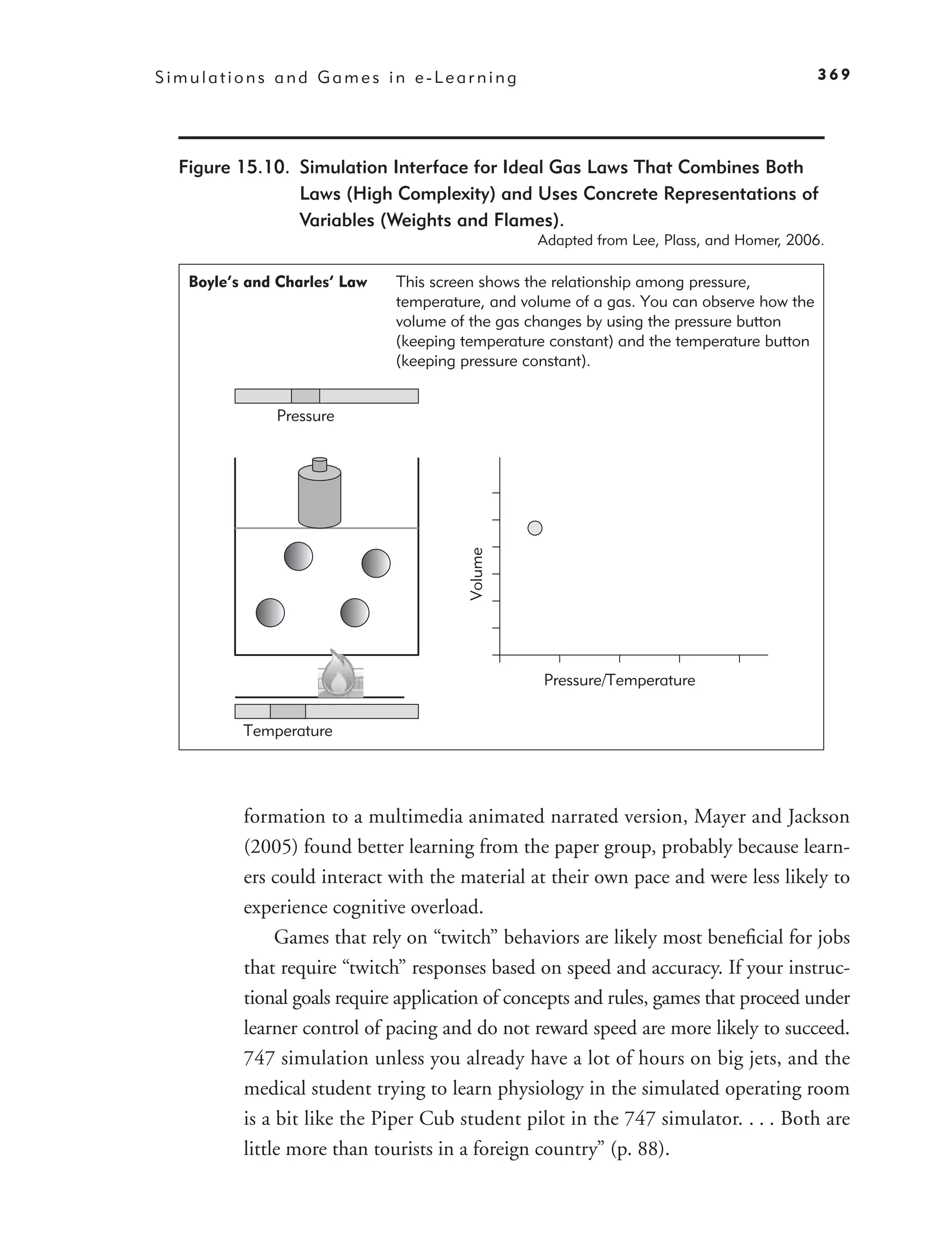 Simulations and Games in e-Learning                                                       369




  Figure 15.10. Simulation Interface for Ideal Gas Laws That Combines Both
                Laws (High Complexity) and Uses Concrete Representations of
                Variables (Weights and Flames).
                                                 Adapted from Lee, Plass, and Homer, 2006.

   Boyle‘s and Charles‘ Law   This screen shows the relationship among pressure,
                              temperature, and volume of a gas. You can observe how the
                              volume of the gas changes by using the pressure button
                              (keeping temperature constant) and the temperature button
                              (keeping pressure constant).


              Pressure


                                       Volume




                                                  Pressure/Temperature


          Temperature




          formation to a multimedia animated narrated version, Mayer and Jackson
          (2005) found better learning from the paper group, probably because learn-
          ers could interact with the material at their own pace and were less likely to
          experience cognitive overload.
               Games that rely on “twitch” behaviors are likely most beneﬁcial for jobs
          that require “twitch” responses based on speed and accuracy. If your instruc-
          tional goals require application of concepts and rules, games that proceed under
          learner control of pacing and do not reward speed are more likely to succeed.
          747 simulation unless you already have a lot of hours on big jets, and the
          medical student trying to learn physiology in the simulated operating room
          is a bit like the Piper Cub student pilot in the 747 simulator. . . . Both are
          little more than tourists in a foreign country” (p. 88).
 
