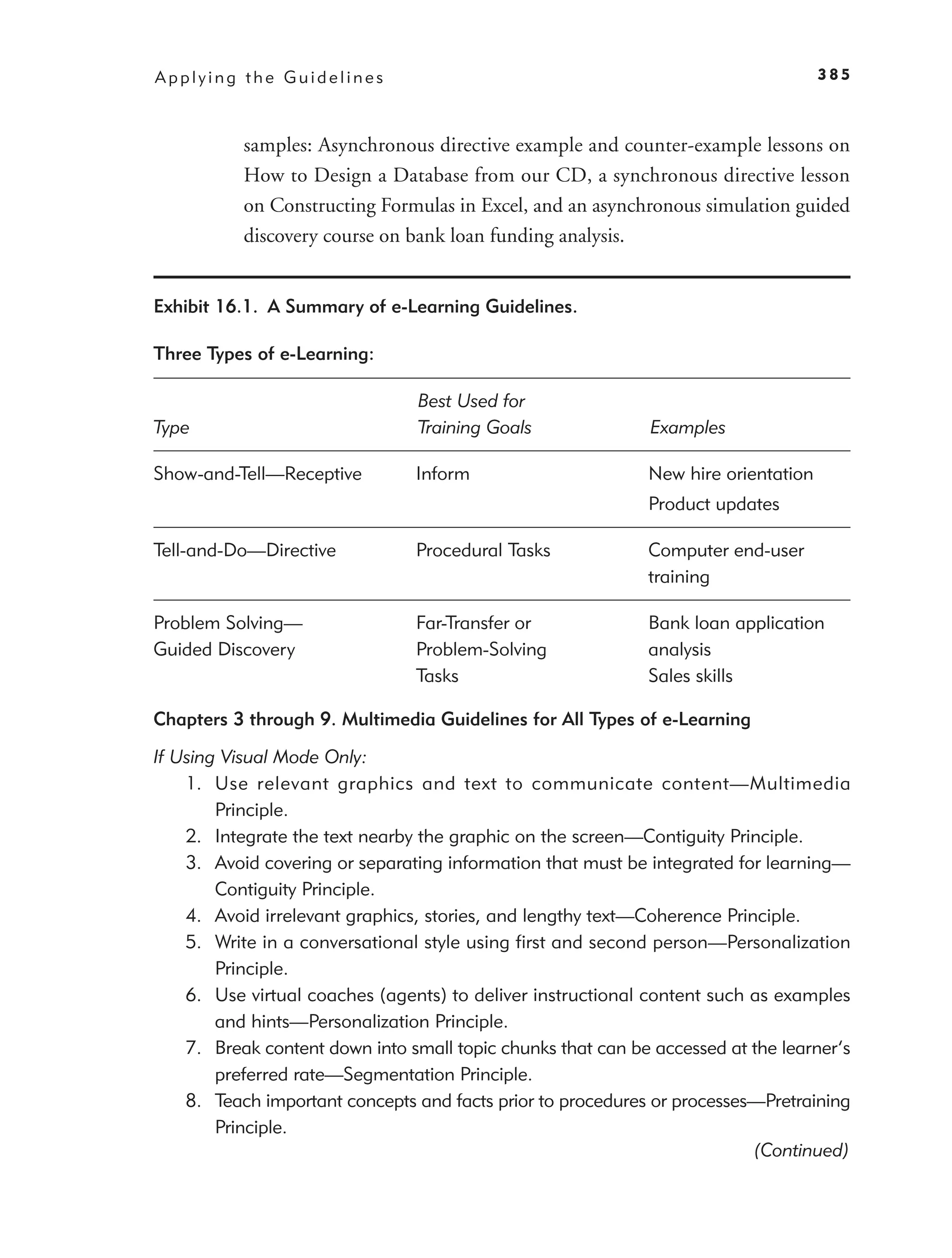 Applying the Guidelines                                                             385



           samples: Asynchronous directive example and counter-example lessons on
           How to Design a Database from our CD, a synchronous directive lesson
           on Constructing Formulas in Excel, and an asynchronous simulation guided
           discovery course on bank loan funding analysis.


Exhibit 16.1. A Summary of e-Learning Guidelines.

Three Types of e-Learning:

                                 Best Used for
Type                             Training Goals               Examples

Show-and-Tell—Receptive         Inform                       New hire orientation
                                                             Product updates

Tell-and-Do—Directive           Procedural Tasks             Computer end-user
                                                             training

Problem Solving—                Far-Transfer or              Bank loan application
Guided Discovery                Problem-Solving              analysis
                                Tasks                        Sales skills

Chapters 3 through 9. Multimedia Guidelines for All Types of e-Learning

If Using Visual Mode Only:
    1. Use relevant graphics and text to communicate content—Multimedia
        Principle.
    2. Integrate the text nearby the graphic on the screen—Contiguity Principle.
    3. Avoid covering or separating information that must be integrated for learning—
        Contiguity Principle.
    4. Avoid irrelevant graphics, stories, and lengthy text—Coherence Principle.
    5. Write in a conversational style using ﬁrst and second person—Personalization
        Principle.
    6. Use virtual coaches (agents) to deliver instructional content such as examples
        and hints—Personalization Principle.
    7. Break content down into small topic chunks that can be accessed at the learner’s
        preferred rate—Segmentation Principle.
    8. Teach important concepts and facts prior to procedures or processes—Pretraining
        Principle.
                                                                          (Continued)
 