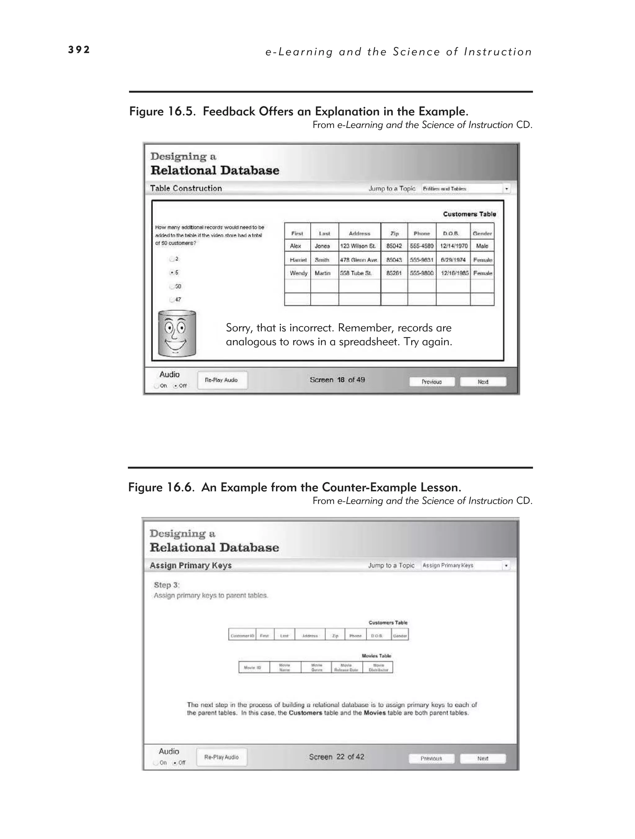392                           e-Learning and the Science of Instruction




      Figure 16.5. Feedback Offers an Explanation in the Example.
                                       From e-Learning and the Science of Instruction CD.




                      Sorry, that is incorrect. Remember, records are
                      analogous to rows in a spreadsheet. Try again.




      Figure 16.6. An Example from the Counter-Example Lesson.
                                       From e-Learning and the Science of Instruction CD.
 