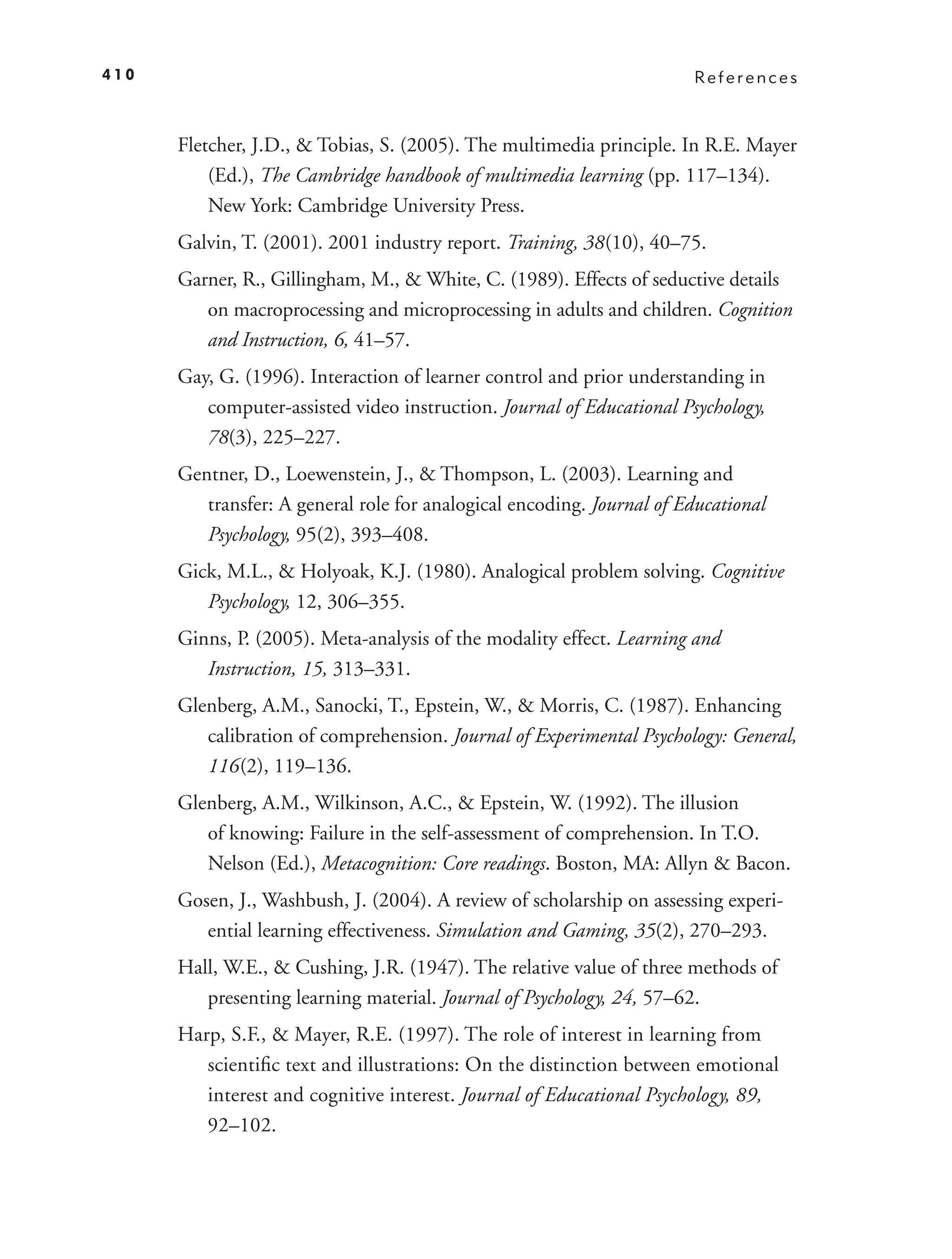410                                                                    References



      Fletcher, J.D., & Tobias, S. (2005). The multimedia principle. In R.E. Mayer
          (Ed.), The Cambridge handbook of multimedia learning (pp. 117–134).
          New York: Cambridge University Press.
      Galvin, T. (2001). 2001 industry report. Training, 38(10), 40–75.
      Garner, R., Gillingham, M., & White, C. (1989). Effects of seductive details
         on macroprocessing and microprocessing in adults and children. Cognition
         and Instruction, 6, 41–57.
      Gay, G. (1996). Interaction of learner control and prior understanding in
         computer-assisted video instruction. Journal of Educational Psychology,
         78(3), 225–227.
      Gentner, D., Loewenstein, J., & Thompson, L. (2003). Learning and
         transfer: A general role for analogical encoding. Journal of Educational
         Psychology, 95(2), 393–408.
      Gick, M.L., & Holyoak, K.J. (1980). Analogical problem solving. Cognitive
         Psychology, 12, 306–355.
      Ginns, P. (2005). Meta-analysis of the modality effect. Learning and
         Instruction, 15, 313–331.
      Glenberg, A.M., Sanocki, T., Epstein, W., & Morris, C. (1987). Enhancing
         calibration of comprehension. Journal of Experimental Psychology: General,
         116 (2), 119–136.
      Glenberg, A.M., Wilkinson, A.C., & Epstein, W. (1992). The illusion
         of knowing: Failure in the self-assessment of comprehension. In T.O.
         Nelson (Ed.), Metacognition: Core readings. Boston, MA: Allyn & Bacon.
      Gosen, J., Washbush, J. (2004). A review of scholarship on assessing experi-
         ential learning effectiveness. Simulation and Gaming, 35(2), 270–293.
      Hall, W.E., & Cushing, J.R. (1947). The relative value of three methods of
         presenting learning material. Journal of Psychology, 24, 57–62.
      Harp, S.F., & Mayer, R.E. (1997). The role of interest in learning from
         scientiﬁc text and illustrations: On the distinction between emotional
         interest and cognitive interest. Journal of Educational Psychology, 89,
         92–102.
 
