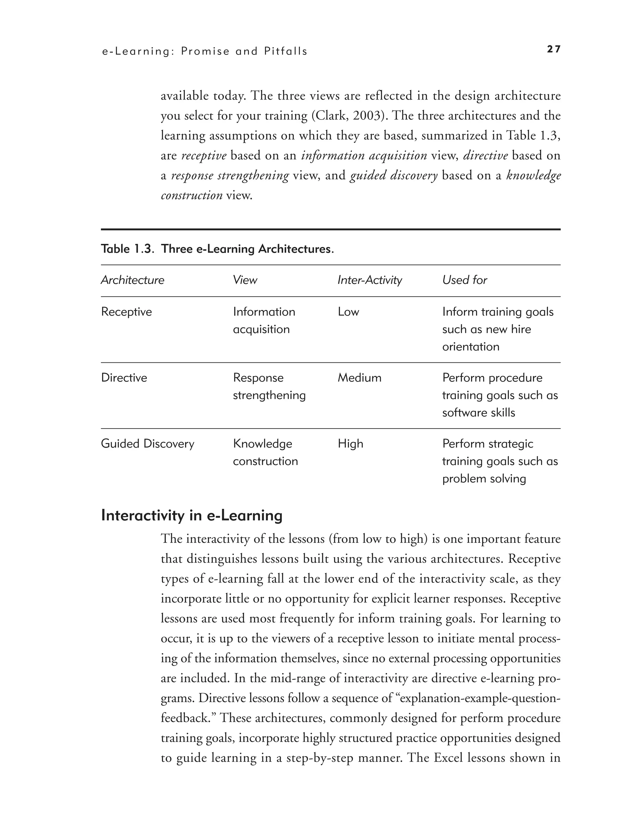 e - L e a r n i n g : Pr o m i s e a n d Pi t f a l l s                                       27



               available today. The three views are reflected in the design architecture
               you select for your training (Clark, 2003). The three architectures and the
               learning assumptions on which they are based, summarized in Table 1.3,
               are receptive based on an information acquisition view, directive based on
               a response strengthening view, and guided discovery based on a knowledge
               construction view.


Table 1.3. Three e-Learning Architectures.

Architecture                       View                   Inter-Activity   Used for

Receptive                          Information            Low              Inform training goals
                                   acquisition                             such as new hire
                                                                           orientation

Directive                          Response               Medium           Perform procedure
                                   strengthening                           training goals such as
                                                                           software skills

Guided Discovery                   Knowledge              High             Perform strategic
                                   construction                            training goals such as
                                                                           problem solving


Interactivity in e-Learning
               The interactivity of the lessons (from low to high) is one important feature
               that distinguishes lessons built using the various architectures. Receptive
               types of e-learning fall at the lower end of the interactivity scale, as they
               incorporate little or no opportunity for explicit learner responses. Receptive
               lessons are used most frequently for inform training goals. For learning to
               occur, it is up to the viewers of a receptive lesson to initiate mental process-
               ing of the information themselves, since no external processing opportunities
               are included. In the mid-range of interactivity are directive e-learning pro-
               grams. Directive lessons follow a sequence of “explanation-example-question-
               feedback.” These architectures, commonly designed for perform procedure
               training goals, incorporate highly structured practice opportunities designed
               to guide learning in a step-by-step manner. The Excel lessons shown in
 