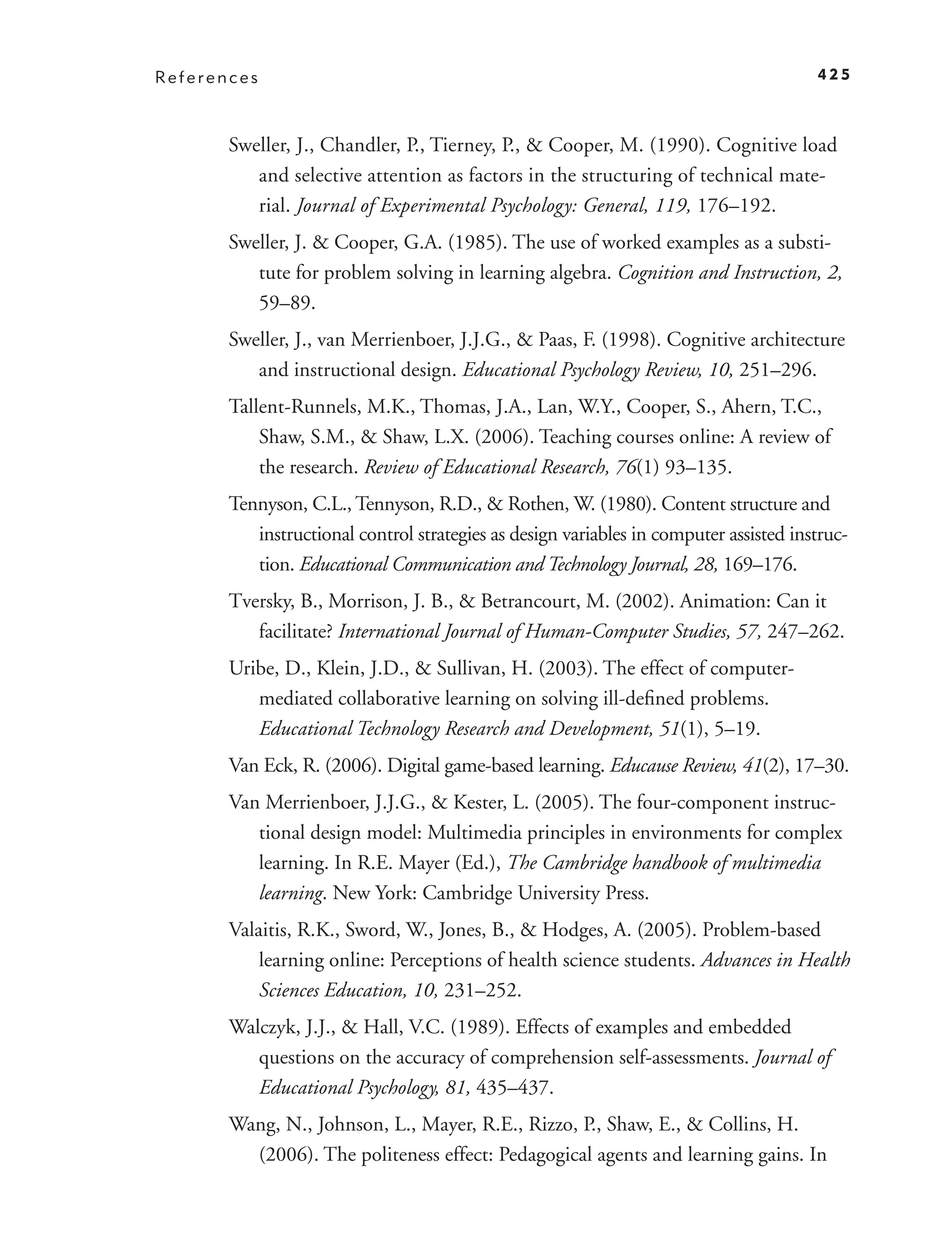 References                                                                             425



       Sweller, J., Chandler, P., Tierney, P., & Cooper, M. (1990). Cognitive load
          and selective attention as factors in the structuring of technical mate-
          rial. Journal of Experimental Psychology: General, 119, 176–192.
       Sweller, J. & Cooper, G.A. (1985). The use of worked examples as a substi-
          tute for problem solving in learning algebra. Cognition and Instruction, 2,
          59–89.
       Sweller, J., van Merrienboer, J.J.G., & Paas, F. (1998). Cognitive architecture
          and instructional design. Educational Psychology Review, 10, 251–296.
       Tallent-Runnels, M.K., Thomas, J.A., Lan, W.Y., Cooper, S., Ahern, T.C.,
           Shaw, S.M., & Shaw, L.X. (2006). Teaching courses online: A review of
           the research. Review of Educational Research, 76(1) 93–135.
       Tennyson, C.L., Tennyson, R.D., & Rothen, W. (1980). Content structure and
          instructional control strategies as design variables in computer assisted instruc-
          tion. Educational Communication and Technology Journal, 28, 169–176.
       Tversky, B., Morrison, J. B., & Betrancourt, M. (2002). Animation: Can it
          facilitate? International Journal of Human-Computer Studies, 57, 247–262.
       Uribe, D., Klein, J.D., & Sullivan, H. (2003). The effect of computer-
          mediated collaborative learning on solving ill-deﬁned problems.
          Educational Technology Research and Development, 51(1), 5–19.
       Van Eck, R. (2006). Digital game-based learning. Educause Review, 41(2), 17–30.
       Van Merrienboer, J.J.G., & Kester, L. (2005). The four-component instruc-
          tional design model: Multimedia principles in environments for complex
          learning. In R.E. Mayer (Ed.), The Cambridge handbook of multimedia
          learning. New York: Cambridge University Press.
       Valaitis, R.K., Sword, W., Jones, B., & Hodges, A. (2005). Problem-based
           learning online: Perceptions of health science students. Advances in Health
           Sciences Education, 10, 231–252.
       Walczyk, J.J., & Hall, V.C. (1989). Effects of examples and embedded
          questions on the accuracy of comprehension self-assessments. Journal of
          Educational Psychology, 81, 435–437.
       Wang, N., Johnson, L., Mayer, R.E., Rizzo, P., Shaw, E., & Collins, H.
         (2006). The politeness effect: Pedagogical agents and learning gains. In
 