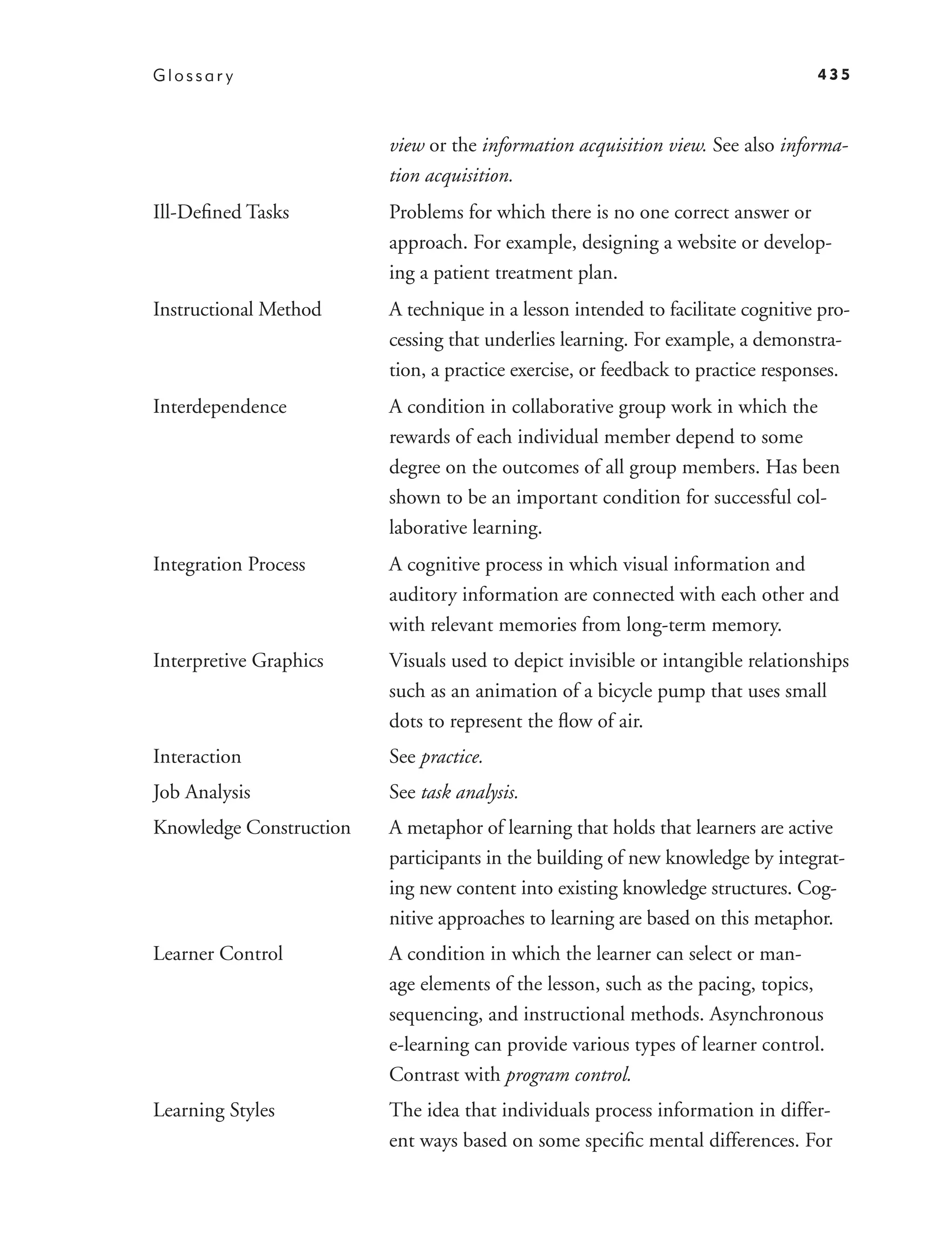 Glossar y                                                                        435



                         view or the information acquisition view. See also informa-
                         tion acquisition.
Ill-Deﬁned Tasks         Problems for which there is no one correct answer or
                         approach. For example, designing a website or develop-
                         ing a patient treatment plan.
Instructional Method     A technique in a lesson intended to facilitate cognitive pro-
                         cessing that underlies learning. For example, a demonstra-
                         tion, a practice exercise, or feedback to practice responses.
Interdependence          A condition in collaborative group work in which the
                         rewards of each individual member depend to some
                         degree on the outcomes of all group members. Has been
                         shown to be an important condition for successful col-
                         laborative learning.
Integration Process      A cognitive process in which visual information and
                         auditory information are connected with each other and
                         with relevant memories from long-term memory.
Interpretive Graphics    Visuals used to depict invisible or intangible relationships
                         such as an animation of a bicycle pump that uses small
                         dots to represent the ﬂow of air.
Interaction              See practice.
Job Analysis             See task analysis.
Knowledge Construction   A metaphor of learning that holds that learners are active
                         participants in the building of new knowledge by integrat-
                         ing new content into existing knowledge structures. Cog-
                         nitive approaches to learning are based on this metaphor.
Learner Control          A condition in which the learner can select or man-
                         age elements of the lesson, such as the pacing, topics,
                         sequencing, and instructional methods. Asynchronous
                         e-learning can provide various types of learner control.
                         Contrast with program control.
Learning Styles          The idea that individuals process information in differ-
                         ent ways based on some speciﬁc mental differences. For
 
