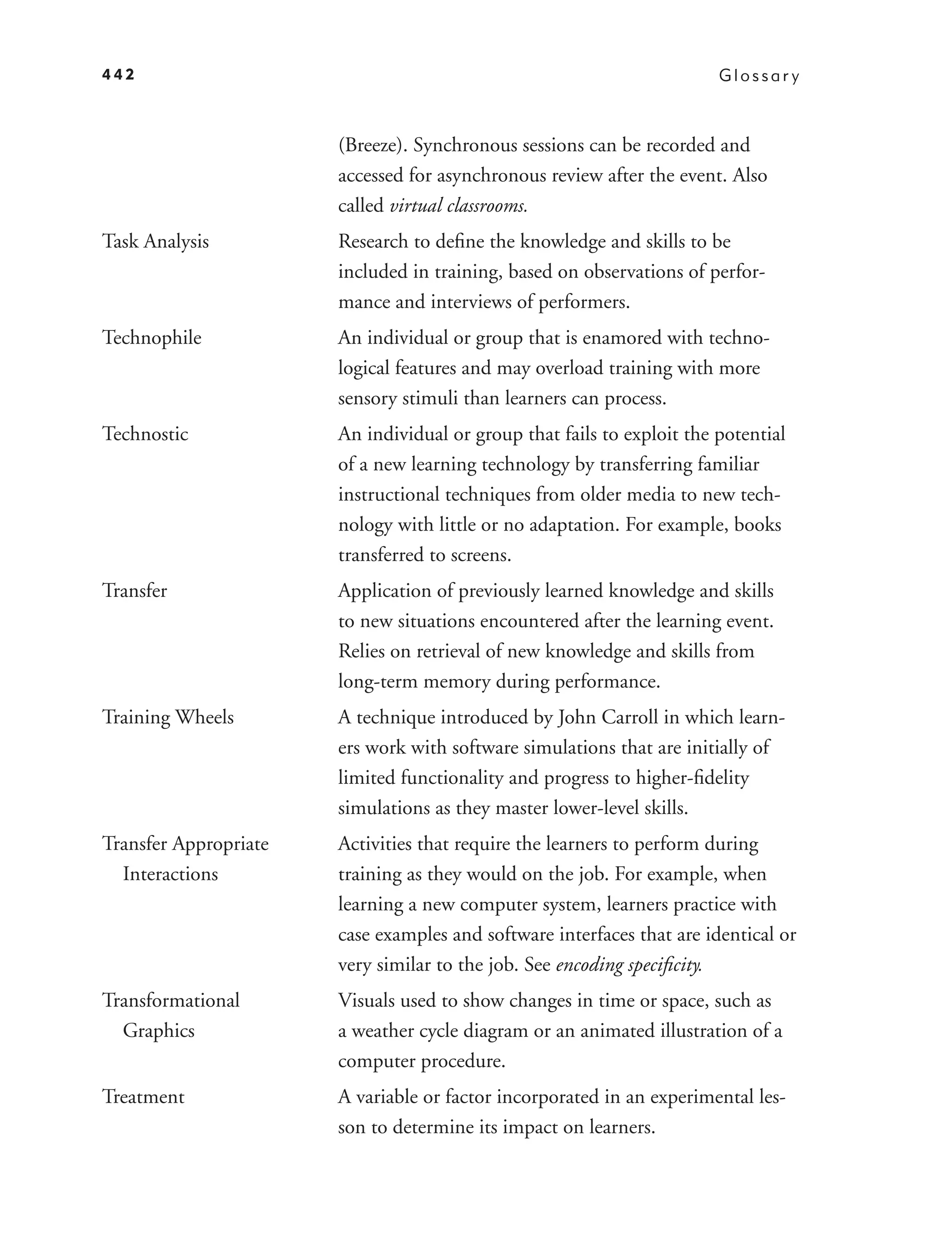 442                                                                     Glossar y



                       (Breeze). Synchronous sessions can be recorded and
                       accessed for asynchronous review after the event. Also
                       called virtual classrooms.
Task Analysis          Research to deﬁne the knowledge and skills to be
                       included in training, based on observations of perfor-
                       mance and interviews of performers.
Technophile            An individual or group that is enamored with techno-
                       logical features and may overload training with more
                       sensory stimuli than learners can process.
Technostic             An individual or group that fails to exploit the potential
                       of a new learning technology by transferring familiar
                       instructional techniques from older media to new tech-
                       nology with little or no adaptation. For example, books
                       transferred to screens.
Transfer               Application of previously learned knowledge and skills
                       to new situations encountered after the learning event.
                       Relies on retrieval of new knowledge and skills from
                       long-term memory during performance.
Training Wheels        A technique introduced by John Carroll in which learn-
                       ers work with software simulations that are initially of
                       limited functionality and progress to higher-ﬁdelity
                       simulations as they master lower-level skills.
Transfer Appropriate   Activities that require the learners to perform during
  Interactions         training as they would on the job. For example, when
                       learning a new computer system, learners practice with
                       case examples and software interfaces that are identical or
                       very similar to the job. See encoding speciﬁcity.
Transformational       Visuals used to show changes in time or space, such as
  Graphics             a weather cycle diagram or an animated illustration of a
                       computer procedure.
Treatment              A variable or factor incorporated in an experimental les-
                       son to determine its impact on learners.
 
