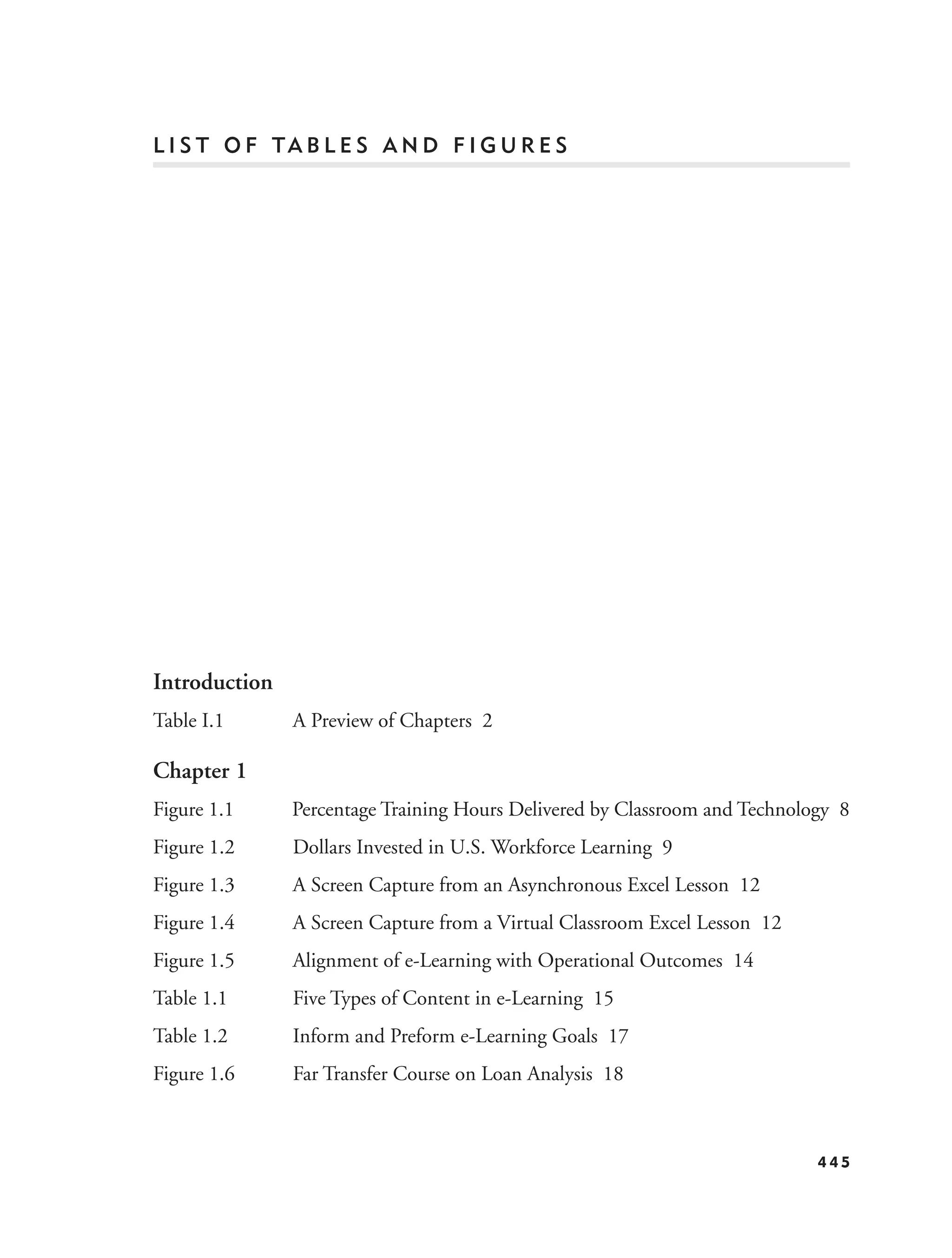 L I S T O F TA B L E S A N D F I G U R E S




Introduction
Table I.1      A Preview of Chapters 2

Chapter 1
Figure 1.1     Percentage Training Hours Delivered by Classroom and Technology 8
Figure 1.2     Dollars Invested in U.S. Workforce Learning 9
Figure 1.3     A Screen Capture from an Asynchronous Excel Lesson 12
Figure 1.4     A Screen Capture from a Virtual Classroom Excel Lesson 12
Figure 1.5     Alignment of e-Learning with Operational Outcomes 14
Table 1.1      Five Types of Content in e-Learning 15
Table 1.2      Inform and Preform e-Learning Goals 17
Figure 1.6     Far Transfer Course on Loan Analysis 18



                                                                            445
 