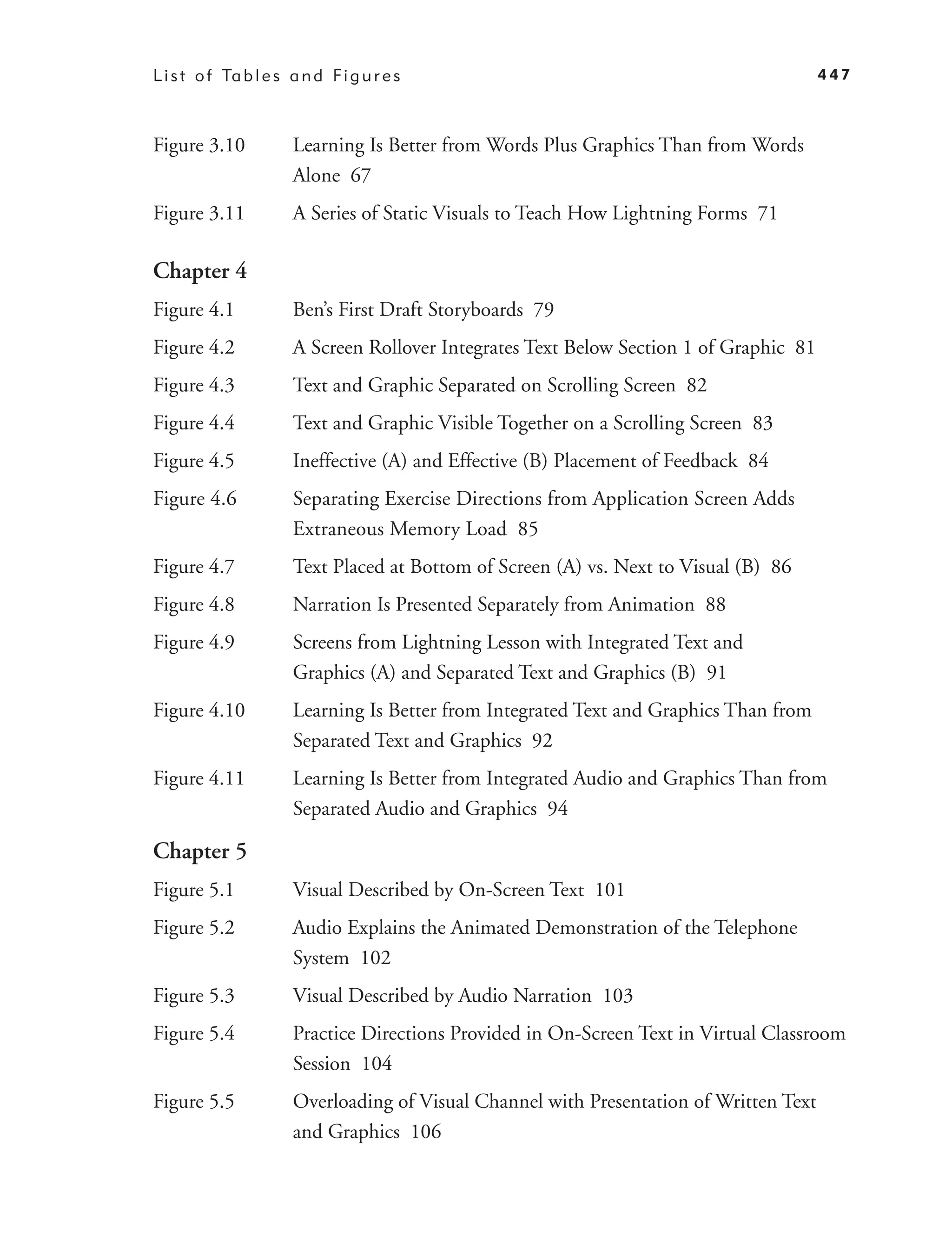L i s t o f Ta b l e s a n d F i g u r e s                                               447



Figure 3.10            Learning Is Better from Words Plus Graphics Than from Words
                       Alone 67
Figure 3.11            A Series of Static Visuals to Teach How Lightning Forms 71

Chapter 4
Figure 4.1             Ben’s First Draft Storyboards 79
Figure 4.2             A Screen Rollover Integrates Text Below Section 1 of Graphic 81
Figure 4.3             Text and Graphic Separated on Scrolling Screen 82
Figure 4.4             Text and Graphic Visible Together on a Scrolling Screen 83
Figure 4.5             Ineffective (A) and Effective (B) Placement of Feedback 84
Figure 4.6             Separating Exercise Directions from Application Screen Adds
                       Extraneous Memory Load 85
Figure 4.7             Text Placed at Bottom of Screen (A) vs. Next to Visual (B) 86
Figure 4.8             Narration Is Presented Separately from Animation 88
Figure 4.9             Screens from Lightning Lesson with Integrated Text and
                       Graphics (A) and Separated Text and Graphics (B) 91
Figure 4.10            Learning Is Better from Integrated Text and Graphics Than from
                       Separated Text and Graphics 92
Figure 4.11            Learning Is Better from Integrated Audio and Graphics Than from
                       Separated Audio and Graphics 94

Chapter 5
Figure 5.1             Visual Described by On-Screen Text 101
Figure 5.2             Audio Explains the Animated Demonstration of the Telephone
                       System 102
Figure 5.3             Visual Described by Audio Narration 103
Figure 5.4             Practice Directions Provided in On-Screen Text in Virtual Classroom
                       Session 104
Figure 5.5             Overloading of Visual Channel with Presentation of Written Text
                       and Graphics 106
 