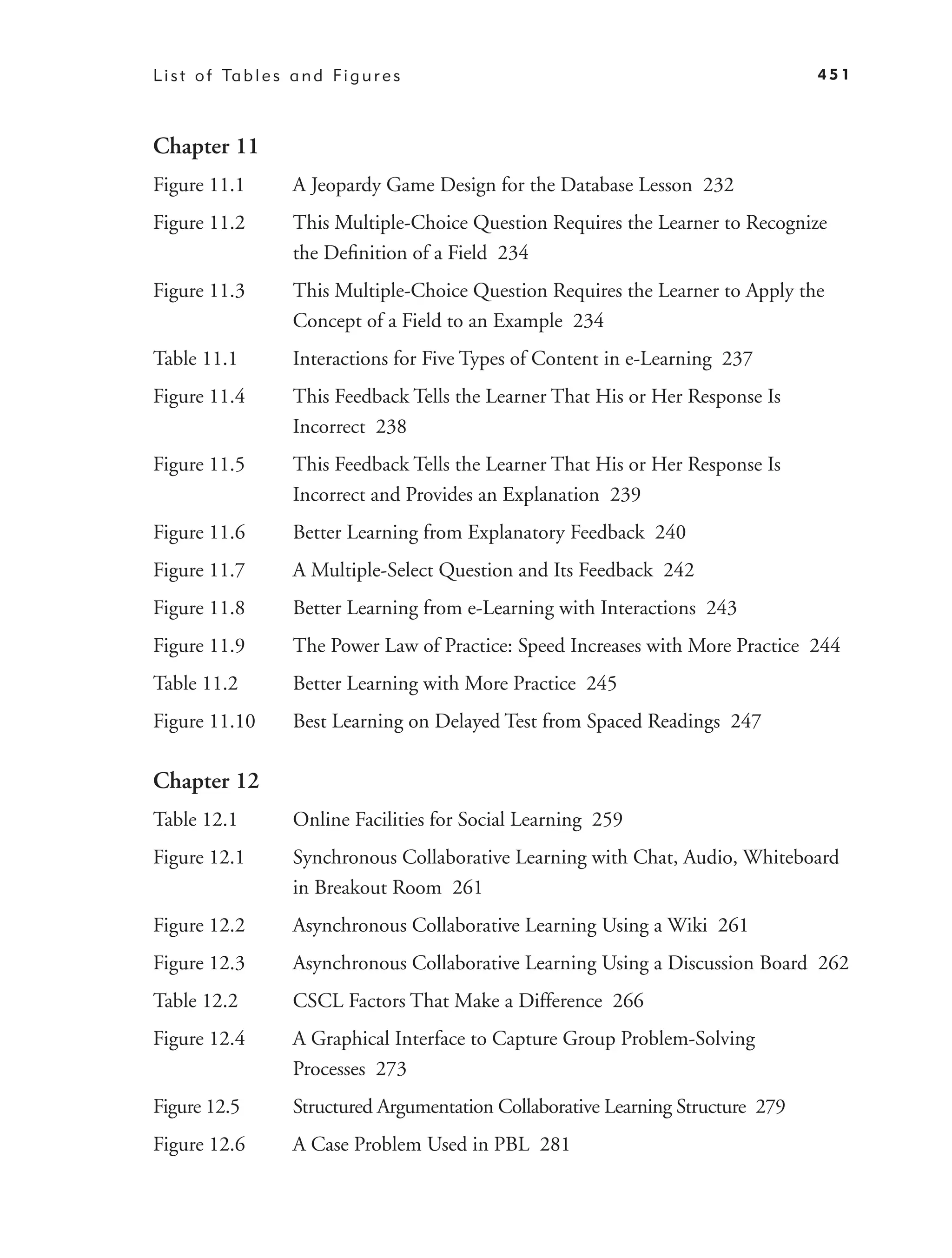 L i s t o f Ta b l e s a n d F i g u r e s                                             451



Chapter 11
Figure 11.1            A Jeopardy Game Design for the Database Lesson 232
Figure 11.2            This Multiple-Choice Question Requires the Learner to Recognize
                       the Deﬁnition of a Field 234
Figure 11.3            This Multiple-Choice Question Requires the Learner to Apply the
                       Concept of a Field to an Example 234
Table 11.1             Interactions for Five Types of Content in e-Learning 237
Figure 11.4            This Feedback Tells the Learner That His or Her Response Is
                       Incorrect 238
Figure 11.5            This Feedback Tells the Learner That His or Her Response Is
                       Incorrect and Provides an Explanation 239
Figure 11.6            Better Learning from Explanatory Feedback 240
Figure 11.7            A Multiple-Select Question and Its Feedback 242
Figure 11.8            Better Learning from e-Learning with Interactions 243
Figure 11.9            The Power Law of Practice: Speed Increases with More Practice 244
Table 11.2             Better Learning with More Practice 245
Figure 11.10           Best Learning on Delayed Test from Spaced Readings 247

Chapter 12
Table 12.1             Online Facilities for Social Learning 259
Figure 12.1            Synchronous Collaborative Learning with Chat, Audio, Whiteboard
                       in Breakout Room 261
Figure 12.2            Asynchronous Collaborative Learning Using a Wiki 261
Figure 12.3            Asynchronous Collaborative Learning Using a Discussion Board 262
Table 12.2             CSCL Factors That Make a Difference 266
Figure 12.4            A Graphical Interface to Capture Group Problem-Solving
                       Processes 273
Figure 12.5            Structured Argumentation Collaborative Learning Structure 279
Figure 12.6            A Case Problem Used in PBL 281
 