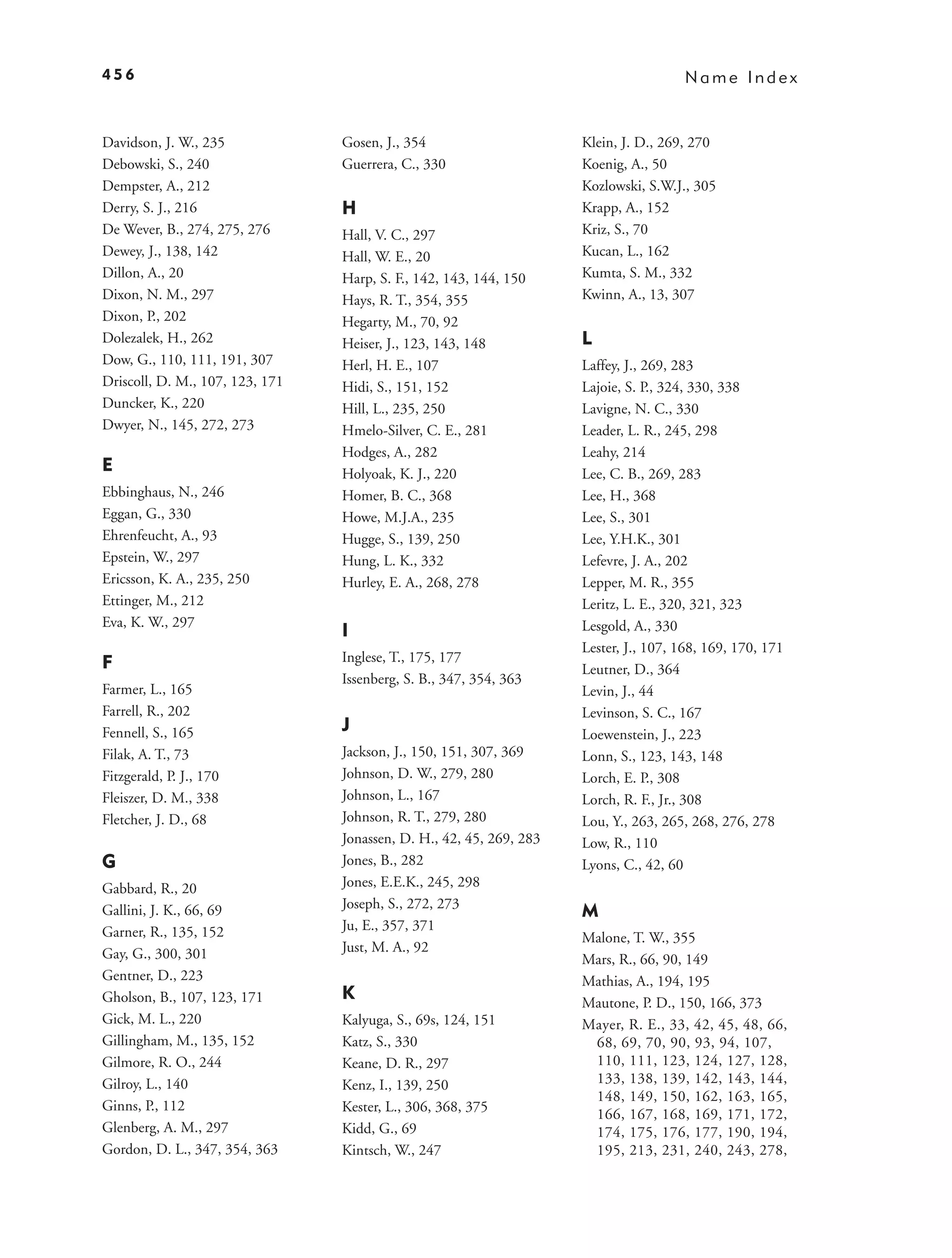 456                                                                                   Name Index


Davidson, J. W., 235             Gosen, J., 354                      Klein, J. D., 269, 270
Debowski, S., 240                Guerrera, C., 330                   Koenig, A., 50
Dempster, A., 212                                                    Kozlowski, S.W.J., 305
Derry, S. J., 216                H                                   Krapp, A., 152
De Wever, B., 274, 275, 276      Hall, V. C., 297                    Kriz, S., 70
Dewey, J., 138, 142              Hall, W. E., 20                     Kucan, L., 162
Dillon, A., 20                   Harp, S. F., 142, 143, 144, 150     Kumta, S. M., 332
Dixon, N. M., 297                Hays, R. T., 354, 355               Kwinn, A., 13, 307
Dixon, P., 202                   Hegarty, M., 70, 92
Dolezalek, H., 262               Heiser, J., 123, 143, 148           L
Dow, G., 110, 111, 191, 307      Herl, H. E., 107                    Laffey, J., 269, 283
Driscoll, D. M., 107, 123, 171   Hidi, S., 151, 152                  Lajoie, S. P., 324, 330, 338
Duncker, K., 220                 Hill, L., 235, 250                  Lavigne, N. C., 330
Dwyer, N., 145, 272, 273         Hmelo-Silver, C. E., 281            Leader, L. R., 245, 298
                                 Hodges, A., 282                     Leahy, 214
E                                Holyoak, K. J., 220                 Lee, C. B., 269, 283
Ebbinghaus, N., 246              Homer, B. C., 368                   Lee, H., 368
Eggan, G., 330                   Howe, M.J.A., 235                   Lee, S., 301
Ehrenfeucht, A., 93              Hugge, S., 139, 250                 Lee, Y.H.K., 301
Epstein, W., 297                 Hung, L. K., 332                    Lefevre, J. A., 202
Ericsson, K. A., 235, 250        Hurley, E. A., 268, 278             Lepper, M. R., 355
Ettinger, M., 212                                                    Leritz, L. E., 320, 321, 323
Eva, K. W., 297                                                      Lesgold, A., 330
                                 I
                                                                     Lester, J., 107, 168, 169, 170, 171
F                                Inglese, T., 175, 177
                                                                     Leutner, D., 364
                                 Issenberg, S. B., 347, 354, 363
Farmer, L., 165                                                      Levin, J., 44
Farrell, R., 202                                                     Levinson, S. C., 167
Fennell, S., 165                 J                                   Loewenstein, J., 223
Filak, A. T., 73                 Jackson, J., 150, 151, 307, 369     Lonn, S., 123, 143, 148
Fitzgerald, P. J., 170           Johnson, D. W., 279, 280            Lorch, E. P., 308
Fleiszer, D. M., 338             Johnson, L., 167                    Lorch, R. F., Jr., 308
Fletcher, J. D., 68              Johnson, R. T., 279, 280            Lou, Y., 263, 265, 268, 276, 278
                                 Jonassen, D. H., 42, 45, 269, 283   Low, R., 110
G                                Jones, B., 282                      Lyons, C., 42, 60
Gabbard, R., 20                  Jones, E.E.K., 245, 298
                                 Joseph, S., 272, 273
Gallini, J. K., 66, 69                                               M
Garner, R., 135, 152             Ju, E., 357, 371
                                                                     Malone, T. W., 355
Gay, G., 300, 301                Just, M. A., 92
                                                                     Mars, R., 66, 90, 149
Gentner, D., 223                                                     Mathias, A., 194, 195
Gholson, B., 107, 123, 171       K                                   Mautone, P. D., 150, 166, 373
Gick, M. L., 220                 Kalyuga, S., 69s, 124, 151          Mayer, R. E., 33, 42, 45, 48, 66,
Gillingham, M., 135, 152         Katz, S., 330                        68, 69, 70, 90, 93, 94, 107,
Gilmore, R. O., 244              Keane, D. R., 297                    110, 111, 123, 124, 127, 128,
Gilroy, L., 140                  Kenz, I., 139, 250                   133, 138, 139, 142, 143, 144,
                                                                      148, 149, 150, 162, 163, 165,
Ginns, P., 112                   Kester, L., 306, 368, 375            166, 167, 168, 169, 171, 172,
Glenberg, A. M., 297             Kidd, G., 69                         174, 175, 176, 177, 190, 194,
Gordon, D. L., 347, 354, 363     Kintsch, W., 247                     195, 213, 231, 240, 243, 278,
 