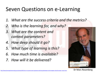 Seven Questions on e-Learning
          1. What are the success criteria and the metrics?
          2. Who is the learning for, and why?
          3. What are the content and
             context parameters?
          4. How deep should it go?
          5. What type of learning is this?
          6. How much time is available?
          7. How will it be delivered?

http://www.learningsolutionsmag.com/articles/945/marc-my-words-seven-questions-elearning-developers-and-managers-should-answer--every-time   Dr Marc Rosenberg
 