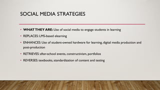 SOCIAL MEDIA STRATEGIES
• WHATTHEY ARE: Use of social media to engage students in learning
• REPLACES: LMS-based elearning
• ENHANCES: Use of student-owned hardware for learning, digital media production and
post-production
• RETRIEVES: after-school events, constructivism, portfolios
• REVERSES: textbooks, standardization of content and testing
 
