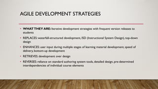 AGILE DEVELOPMENT STRATEGIES
• WHATTHEY ARE: Iterative development strategies with frequent version releases to
students
• REPLACES: waterfall-structured development, ISD (Instructional System Design), top-down
design
• ENHANCES: user input during multiple stages of learning material development, speed of
delivery, bottom-up development
• RETRIEVES: development over design
• REVERSES: reliance on standard authoring system tools, detailed design, pre-determined
interdependencies of individual course elements
 