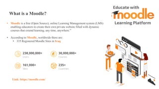 What is a Moodle?
• Moodle is a free (Open Source), online Learning Management system (LMS)
enabling educators to create their own private website filled with dynamic
courses that extend learning, any time, anywhere.”
• According to Moodle, worldwide there are:
• 335 Registered Moodle Sites in Iraq
Link: https://moodle.com/
 