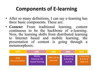 Components of E-learning
• After so many definitions, I can say e-learning has
  three basic components. These are:
• Content: From traditional learning, content
  continuous to be the backbone of e-learning.
  Now, the learning shifts from distributed learning
  to Internet based and mobile learning, the
  presentation of content is going through a
  metamorphosis.
       1970           1980            1990        2000        2010
                      Media-                     E-learning   E-learning
       Help                         WBT, CD to
                   Intensive CD-                 Extending     & K M in
   Documentation                     Internet
                   based Training                  to K M      Web 3.0
 