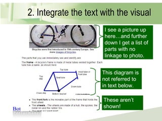 2. Integrate the text with the visual This diagram is not referred to in text below. These aren’t shown! I see a picture up here…and further down I get a list of parts with no linkage to photo. 