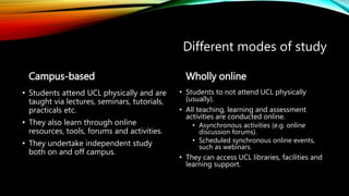 Campus-based
• Students attend UCL physically and are
taught via lectures, seminars, tutorials,
practicals etc.
• They also learn through online
resources, tools, forums and activities.
• They undertake independent study
both on and off campus.
Wholly online
• Students to not attend UCL physically
(usually).
• All teaching, learning and assessment
activities are conducted online.
• Asynchronous activities (e.g. online
discussion forums).
• Scheduled synchronous online events,
such as webinars.
• They can access UCL libraries, facilities and
learning support.
Different modes of study
 