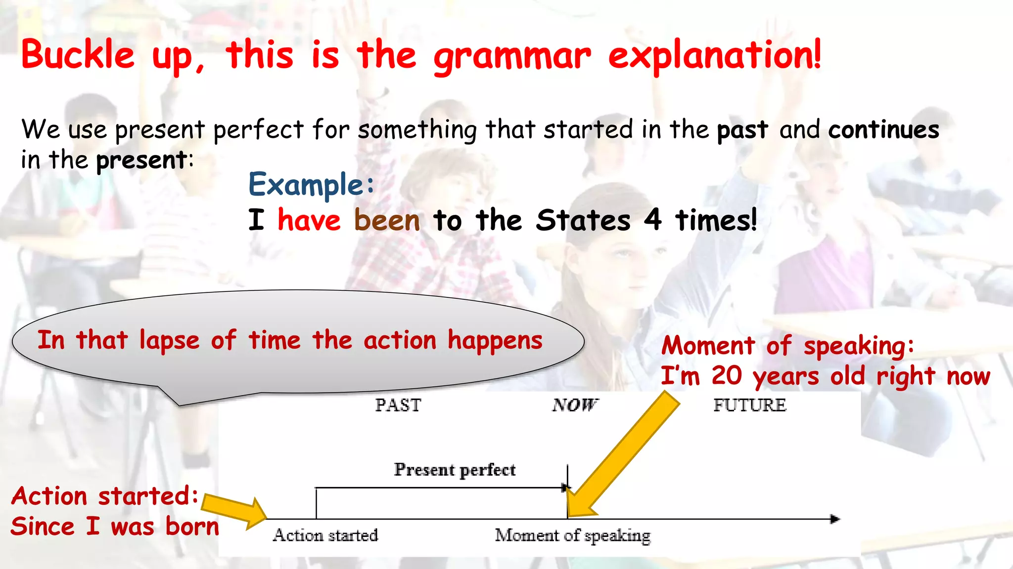 Buckle up, this is the grammar explanation!
We use present perfect for something that started in the past and continues
in the present:
Example:
I have been to the States 4 times!
Action started:
Since I was born
Moment of speaking:
I’m 20 years old right now
In that lapse of time the action happens
 