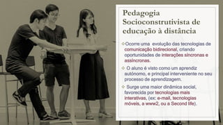Pedagogia
Socioconstrutivista de
educação à distância
Ocorre uma evolução das tecnologias de
comunicação bidirecional, criando
oportunidades de interações síncronas e
assíncronas.
 O aluno é visto como um aprendiz
autónomo, e principal interveniente no seu
processo de aprendizagem.
 Surge uma maior dinâmica social,
favorecida por tecnologias mais
interativas, (ex: e-mail, tecnologias
móveis, a www2, ou a Second life).
 