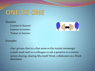 Situation
Learner to learner
Learner to trainer
Trainer to learner
Examples
chat: private chat in a chat room or the instant messenger
e-mail: send mail to a colleague or ask a question to a trainer
screen sharing: sharing Microsoft Word, collaborate on a Word
document
 