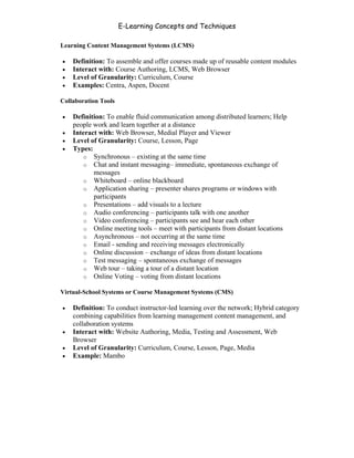 E-Learning Concepts and Techniques

  Learning Content Management Systems (LCMS)

   •   Definition: To assemble and offer courses made up of reusable content modules
   •   Interact with: Course Authoring, LCMS, Web Browser
   •   Level of Granularity: Curriculum, Course
   •   Examples: Centra, Aspen, Docent

  Collaboration Tools

   •   Definition: To enable fluid communication among distributed learners; Help
       people work and learn together at a distance
   •   Interact with: Web Browser, Medial Player and Viewer
   •   Level of Granularity: Course, Lesson, Page
   •   Types:
          o Synchronous – existing at the same time
          o Chat and instant messaging– immediate, spontaneous exchange of
              messages
          o Whiteboard – online blackboard
          o Application sharing – presenter shares programs or windows with
              participants
          o Presentations – add visuals to a lecture
          o Audio conferencing – participants talk with one another
          o Video conferencing – participants see and hear each other
          o Online meeting tools – meet with participants from distant locations
          o Asynchronous – not occurring at the same time
          o Email - sending and receiving messages electronically
          o Online discussion – exchange of ideas from distant locations
          o Test messaging – spontaneous exchange of messages
          o Web tour – taking a tour of a distant location
          o Online Voting – voting from distant locations

  Virtual-School Systems or Course Management Systems (CMS)

   •   Definition: To conduct instructor-led learning over the network; Hybrid category
       combining capabilities from learning management content management, and
       collaboration systems
   •   Interact with: Website Authoring, Media, Testing and Assessment, Web
       Browser
   •   Level of Granularity: Curriculum, Course, Lesson, Page, Media
   •   Example: Mambo




Chapter 4 – E-Learning Tools                                                         47
 