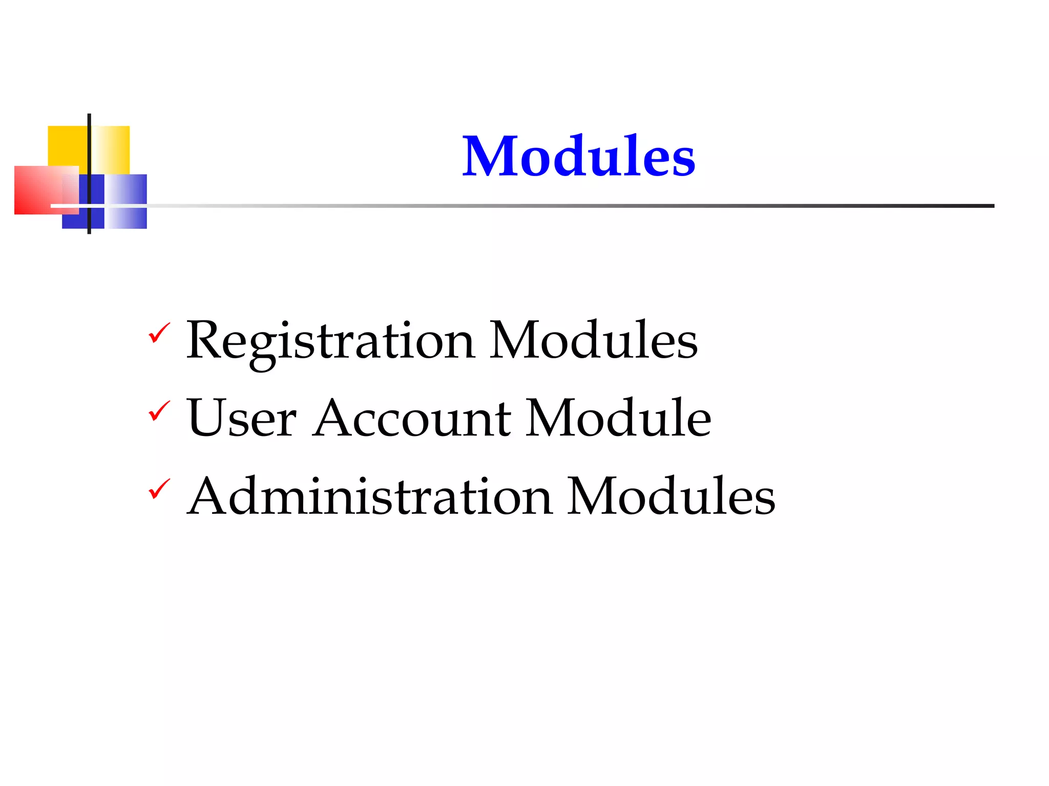 Modules Registration Modules User Account Module Administration Modules 