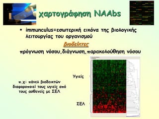 πρωτεΐνεςκαι ορμόνες (αλβουμίνη,θυρεοσφαιρίνη,ινσουλίνη)φυσικά αυτοαντισώματαβασικά αυτοαντιγόνα ~40000 πρωτεΐνες πρωτεϊνικό μόριο ~ 10 διαφορετικούς επιτόπους= 400000 NAAbs διαφορετικής ειδικότητας1/3 των NAAbs ελεύθερα στον ορό