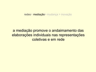 redes> mediação> mudança > inovação




a mediação promove o andaimamento das
elaborações individuais nas representações
           coletivas e em rede
 