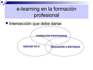 e-learning en la formación
               profesional
   Intersección que debe darse

                    FORMACIÓN PROFESIONAL



           NUEVAS TIC’S      EDUCACIÓN A DISTANCIA
 