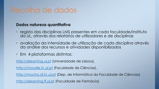 Recolha de dados
Dados natureza quantitativa
• registo das disciplinas LMS presentes em cada faculdade/instituto
da UL, através dos relatórios de utilizadores e de disciplinas
• avaliação da intensidade de utilização de cada disciplina através
da análise dos recursos e atividades disponibilizados
• Em 4 plataformas distintas:
http://elearning.ul.pt (Universidade de Lisboa),

http://moodle.fc.ul.pt (Faculdade de Ciências),
http://mocho.di.fc.ul.pt (Dep. de Informática da Faculdade de Ciências)
http://elearning.ff.ul.pt (Faculdade de Farmácia)

 