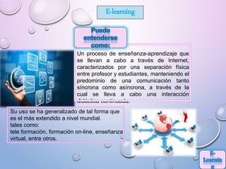 Un proceso de enseñanza-aprendizaje que
se llevan a cabo a través de Internet,
caracterizados por una separación física
entre profesor y estudiantes, manteniendo el
predominio de una comunicación tanto
síncrona como asíncrona, a través de la
cual se lleva a cabo una interacción
didáctica continuada.
E-learning
Su uso se ha generalizado de tal forma que
es el más extendido a nivel mundial.
tales como:
tele formación, formación on-line, enseñanza
virtual, entre otros.
 