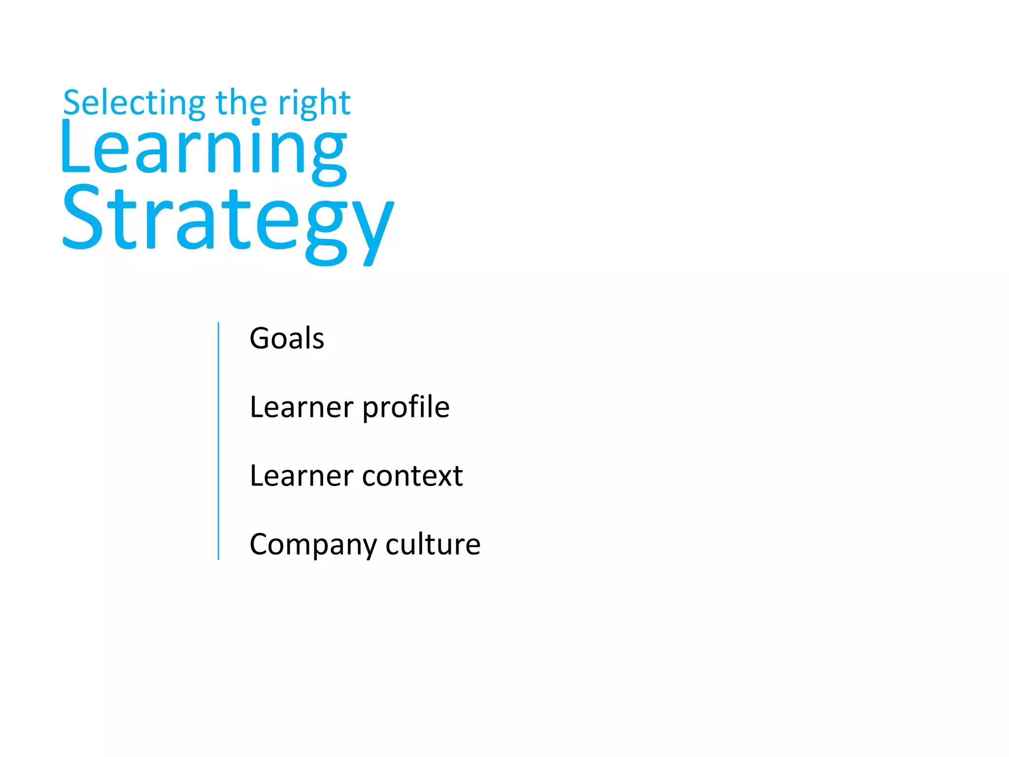 Selecting the rightLearningStrategyGoalsLearner profileLearner contextCompany culture