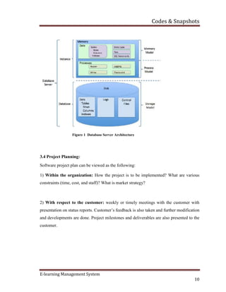 Codes & Snapshots
E-learning Management System
10
Figure 1 Database Server Architecture
3.4 Project Planning:
Software project plan can be viewed as the following:
1) Within the organization: How the project is to be implemented? What are various
constraints (time, cost, and staff)? What is market strategy?
2) With respect to the customer: weekly or timely meetings with the customer with
presentation on status reports. Customer’s feedback is also taken and further modification
and developments are done. Project milestones and deliverables are also presented to the
customer.
 
