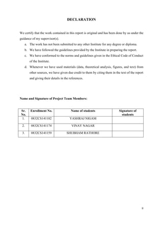 II
DECLARATION
We certify that the work contained in this report is original and has been done by us under the
guidance of my supervisor(s).
a. The work has not been submitted to any other Institute for any degree or diploma.
b. We have followed the guidelines provided by the Institute in preparing the report.
c. We have conformed to the norms and guidelines given in the Ethical Code of Conduct
of the Institute.
d. Whenever we have used materials (data, theoretical analysis, figures, and text) from
other sources, we have given due credit to them by citing them in the text of the report
and giving their details in the references.
Name and Signature of Project Team Members:
Sr.
No.
Enrollment No. Name of students Signature of
students
1. 0832CS141182 YASHRAJ NIGAM
2. 0832CS141174 VINAY NAGAR
3. 0832CS141159 SHUBHAM RATHORE
 