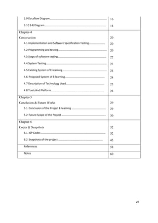 VII
3.9 Dataflow Diagram…………………………………………………………………………. 16
3.10 E-R Diagram……………………………………………………………………………….. 18
Chapter-4
Construction 20
4.1 Implementation and Software Specification Testing…………………… 20
4.2 Programming and testing……………………………………………………………… 20
4.3 Steps of software testing……………………………………………………………… 22
4.4 System Testing……………………………………………………………………………… 23
4.5 Existing System of E-learning………………………………………………………… 24
4.6 Proposed System of E-learning………………………………………………….. 24
4.7 Description of Technology Used………………………………………………… 25
4.8 Tools And Platform……………………………………………………………………. 28
Chapter-5
Conclusion & Future Works 29
5.1 Conclusion of the Project E-learning …………………………………………… 29
5.2 Future Scope of the Project ………………………………..…………………...... 30
Chapter-6
Codes & Snapshots 32
6.1 JSP Codes …………………………………………………………………………………… 32
6.2 Snapshots of the project ………………………………..…………………...... 45
References 58
Notes 60
 
