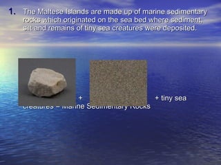 The Maltese Islands are made up of marine sedimentary rocks which originated on the sea bed where sediment, silt and remains of tiny sea creatures were deposited. +  + tiny sea creatures = Marine Sedimentary Rocks 