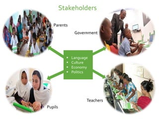 Stakeholders
Government
Teachers
Parents
Pupils
Language
Culture
Economy
Politics